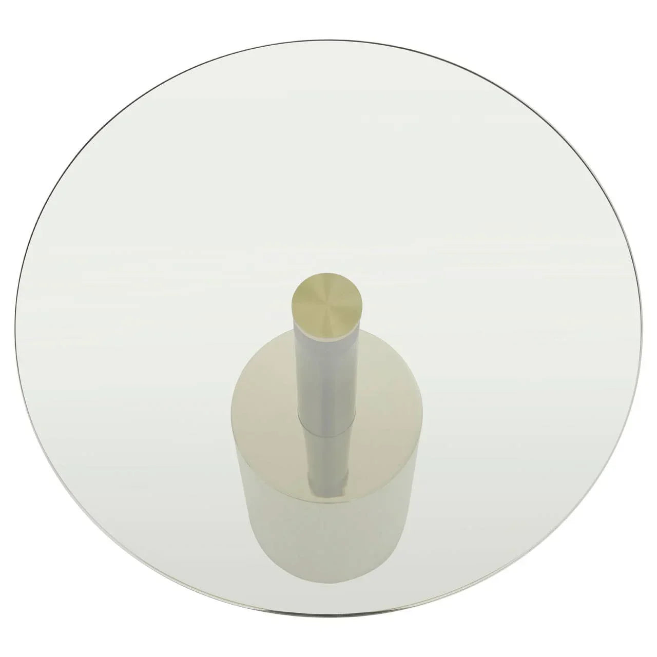 Round glass coffee table with brushed metal cylindrical base, top view