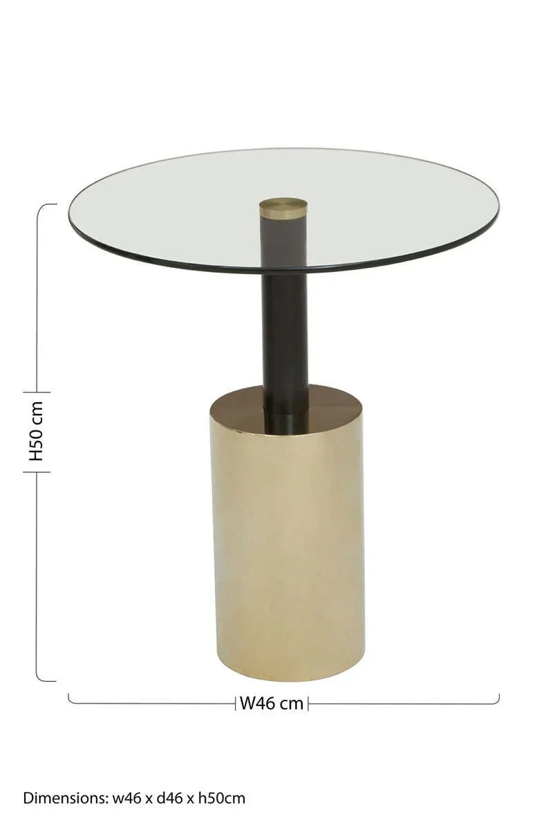 Round glass side table with gold metal cylinder base and black support, dimensions shown
