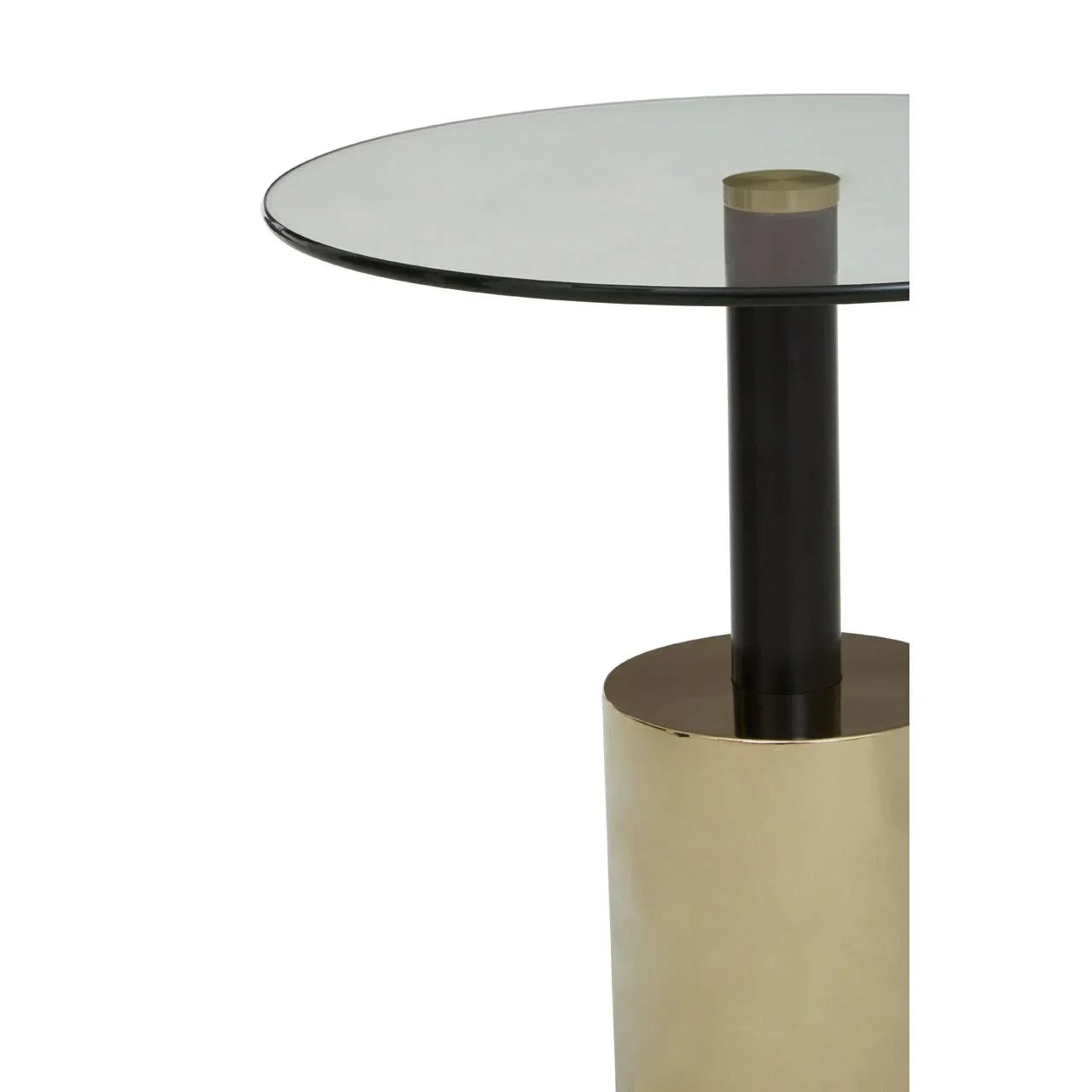 Round glass dining table with black column base and gold cylindrical support