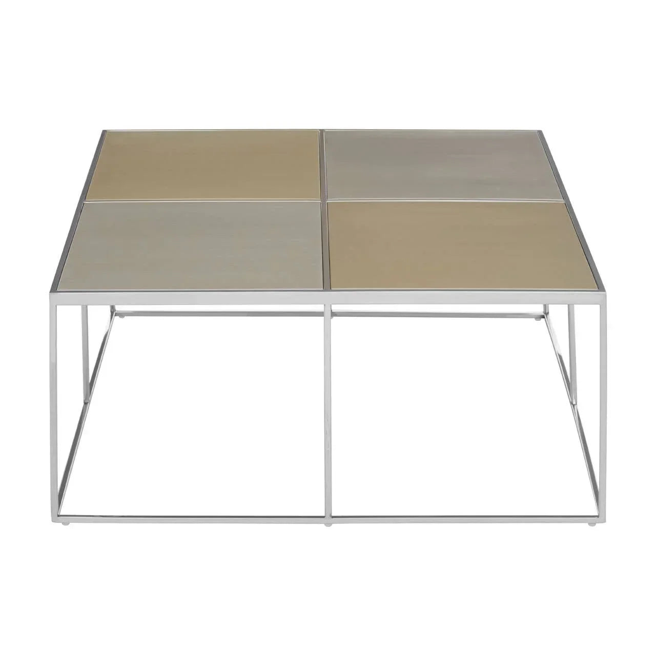 Square coffee table with beige and grey glass panels on a chrome metal frame, front view