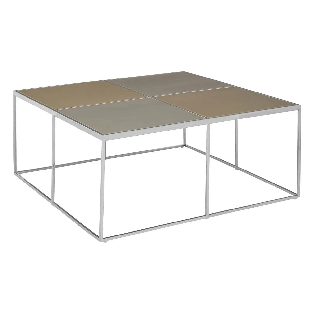 Square metal coffee table with beige and grey tiled top and open frame base
