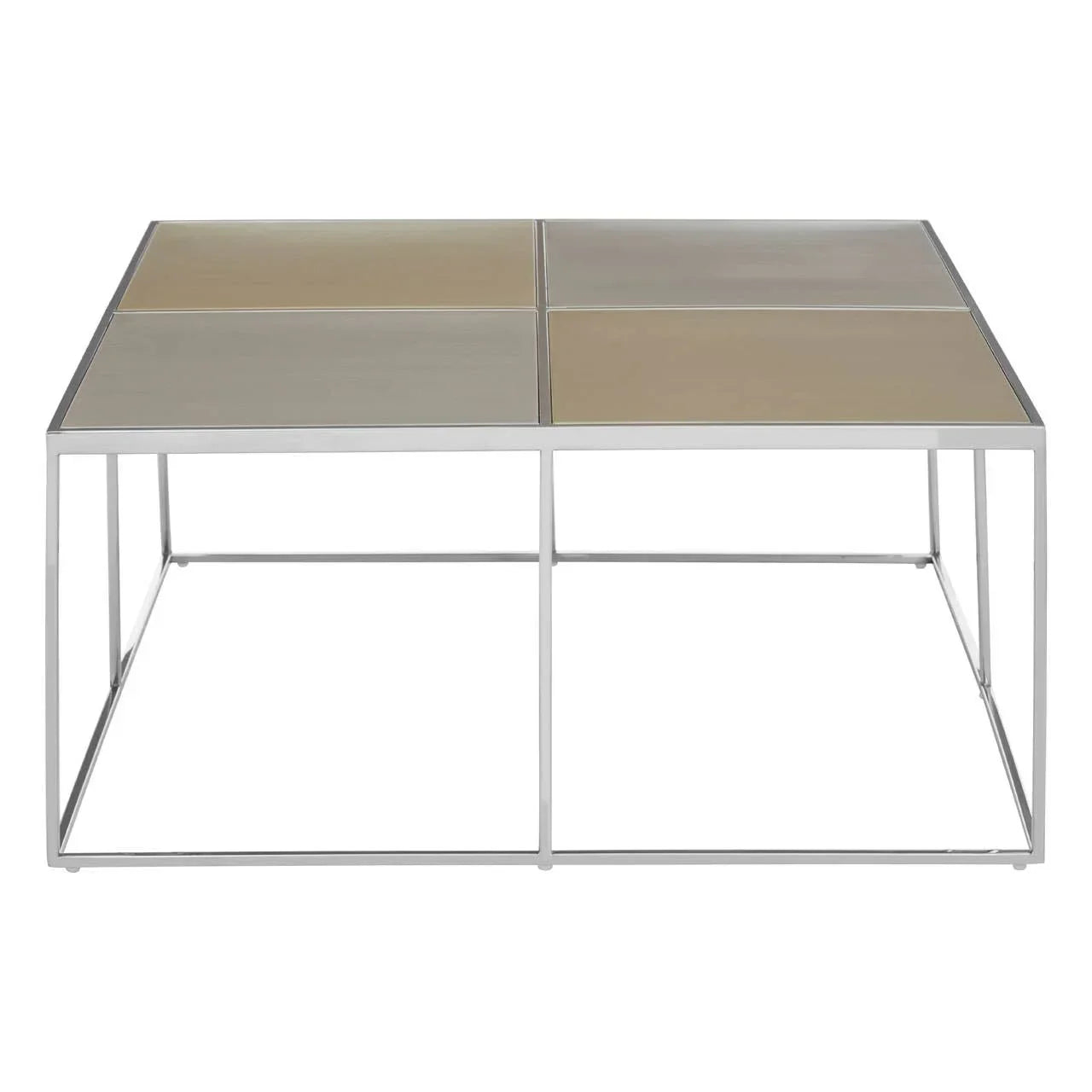 Square coffee table with metal frame and four-tone glass top in neutral colours, front view