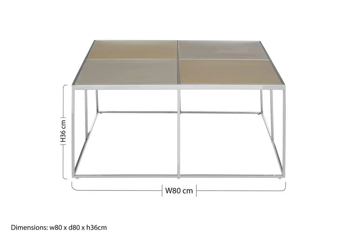 Square glass coffee table with metal frame, beige top panels, dimensions 80x80x36 cm