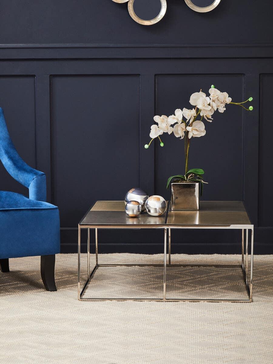 Modern metal coffee table with square frame, orchid plant and silver decor in living room