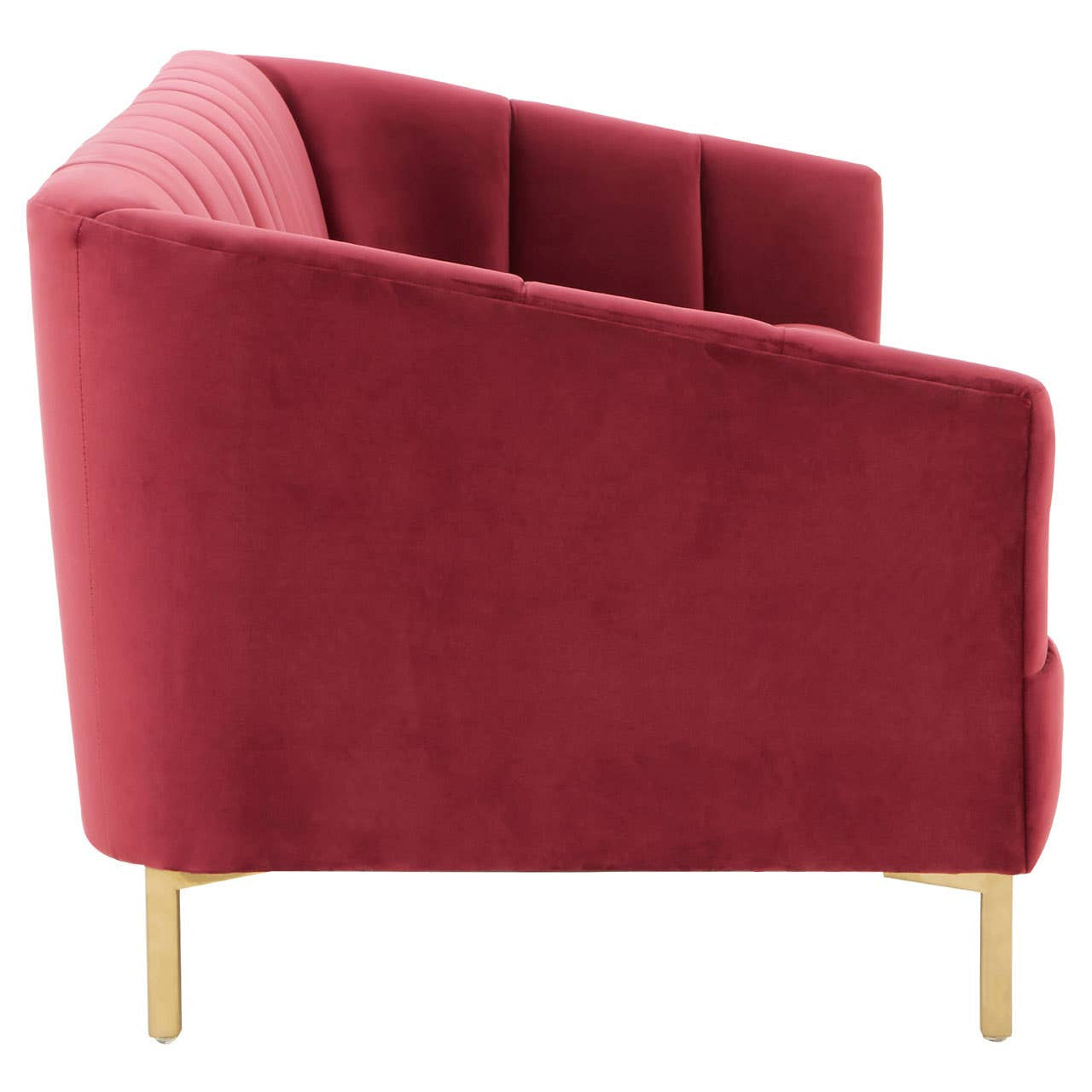 A side view of a Bella 3 Seat Wine Velvet Sofa featuring a rich wine-colored velvet upholstery, a curved backrest with vertical tufting, and sleek wooden legs