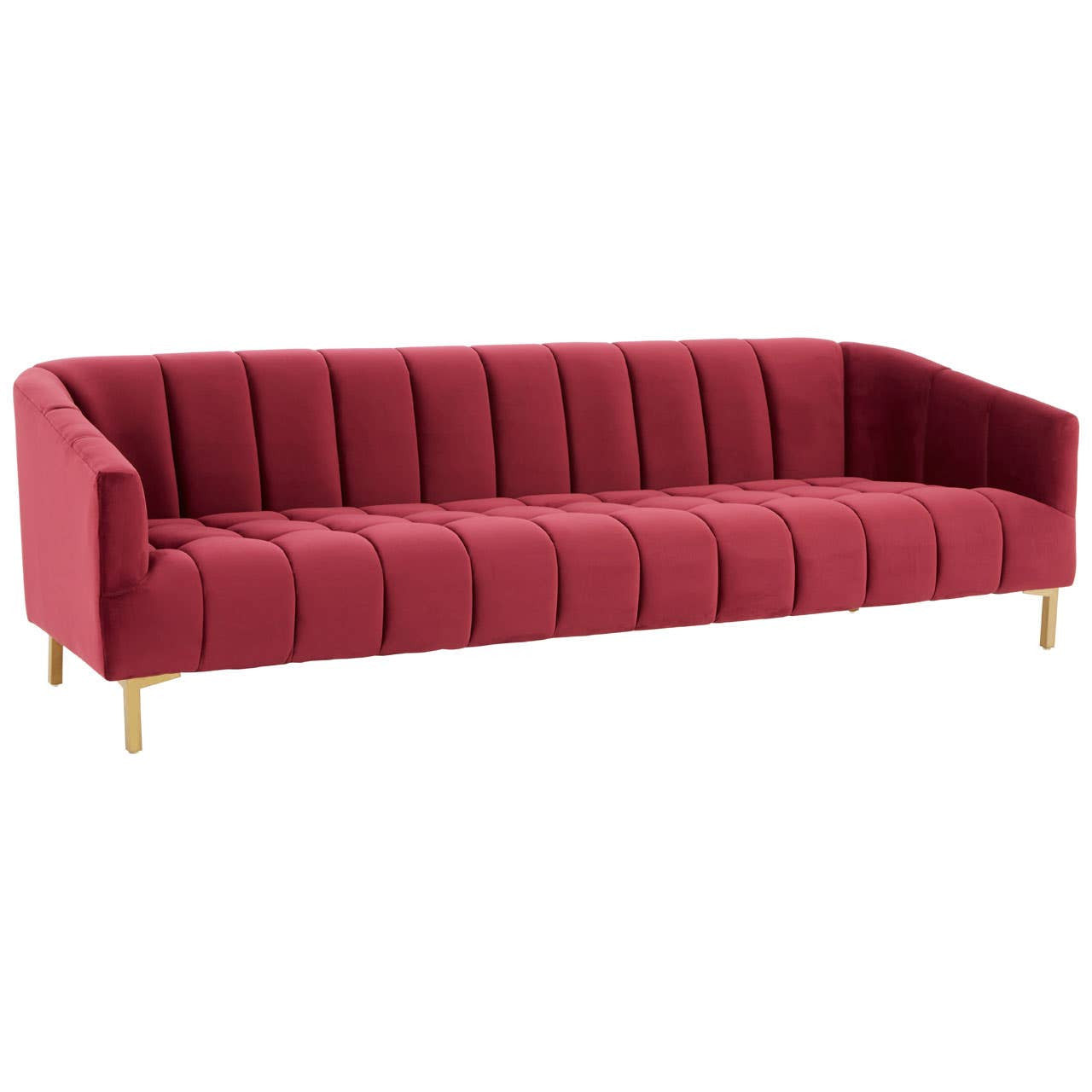A three-seat sofa upholstered in rich wine-colored velvet, featuring vertical channel tufting along the backrest and seat. The sofa is supported by sleek, gold-colored metal legs, adding a modern touch to its elegant design