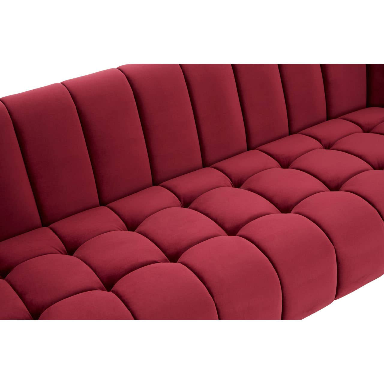 A close-up view of the Bella 3 Seat Wine Velvet Sofa, showcasing its plush, tufted upholstery in a rich wine color, with deep, cushioned sections that provide a luxurious and inviting appearance