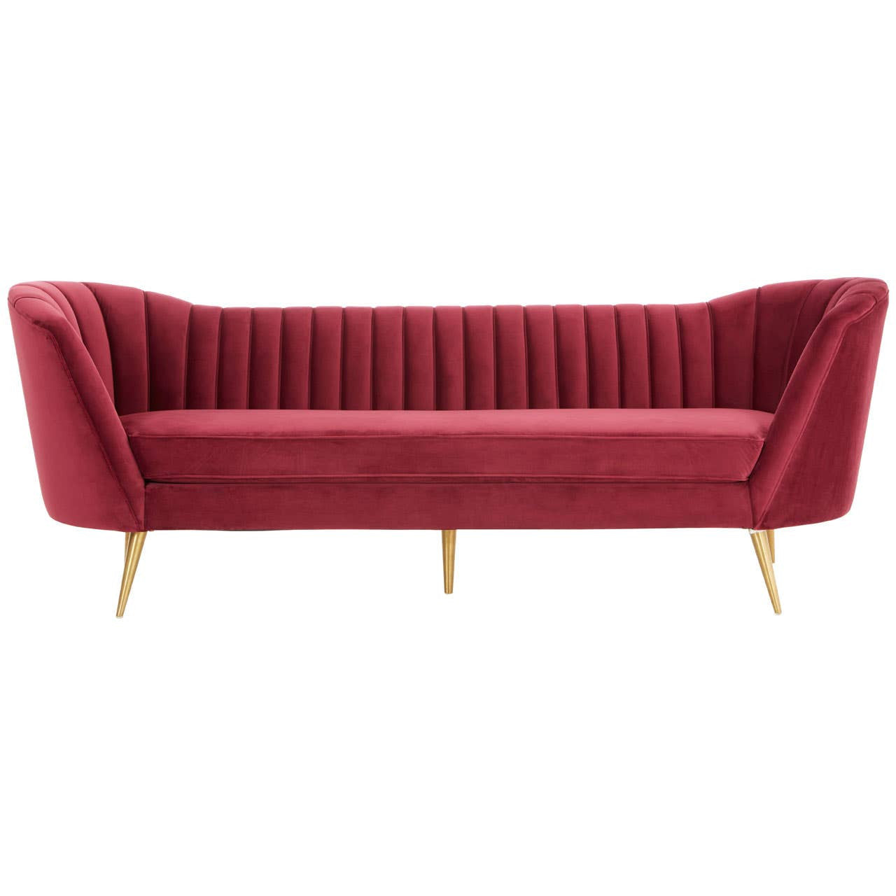 Three-seat sofa upholstered in rich wine-colored velvet, featuring a channel-tufted backrest and sleek, angled arms. The sofa stands on slender gold metal legs, adding a touch of elegance to its modern design