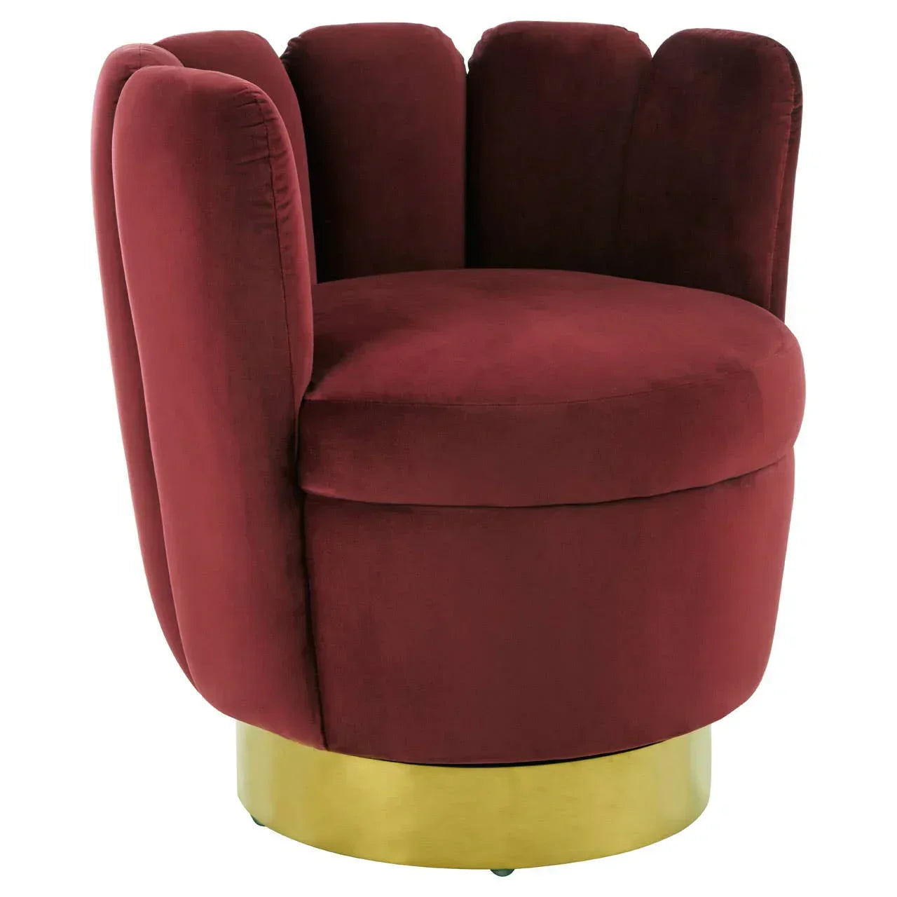 Red velvet accent chair with scalloped backrest and gold metal base