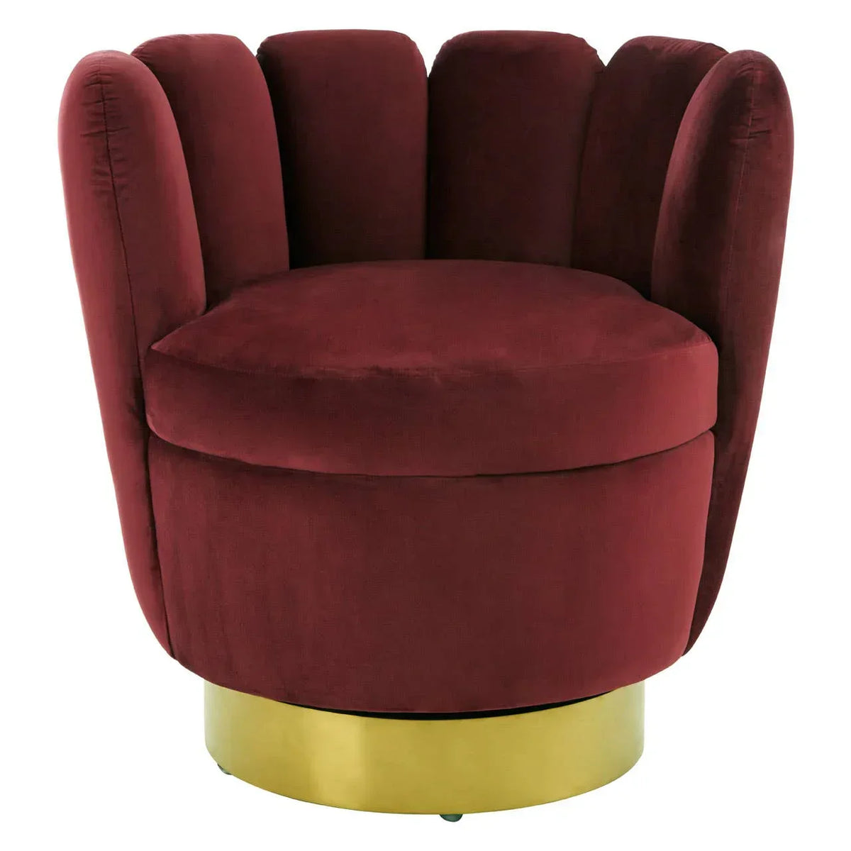 Burgundy velvet accent chair with curved backrest and brushed gold base