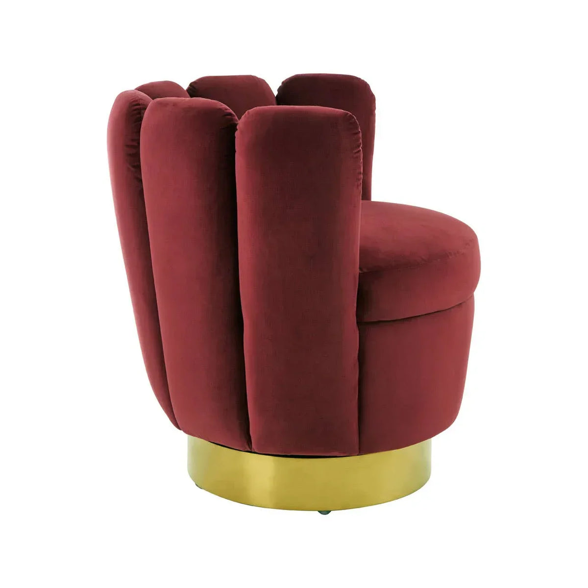 Red velvet accent chair with curved backrest and gold base, side angle view