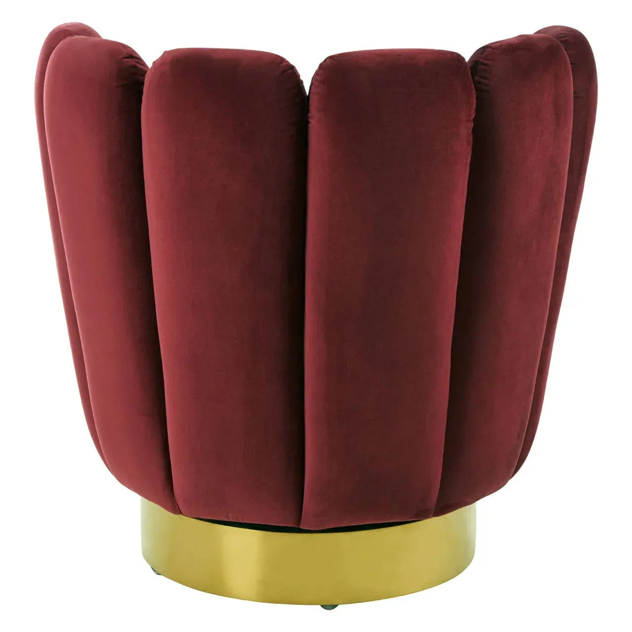 Burgundy velvet accent chair with scalloped backrest and gold metal base, rear angle view