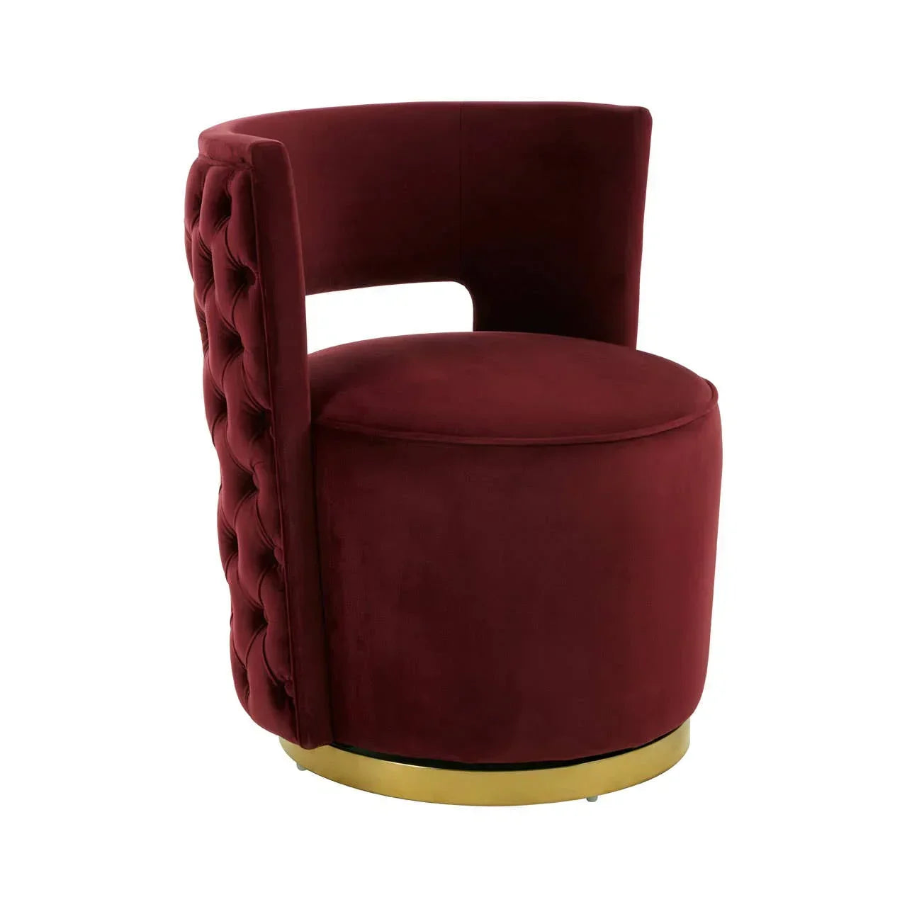 Burgundy velvet accent chair with tufted back and gold metal base