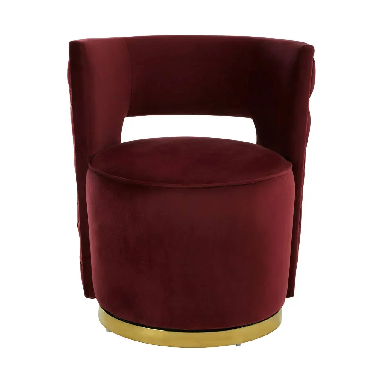 Burgundy velvet accent chair with curved back and gold metal base