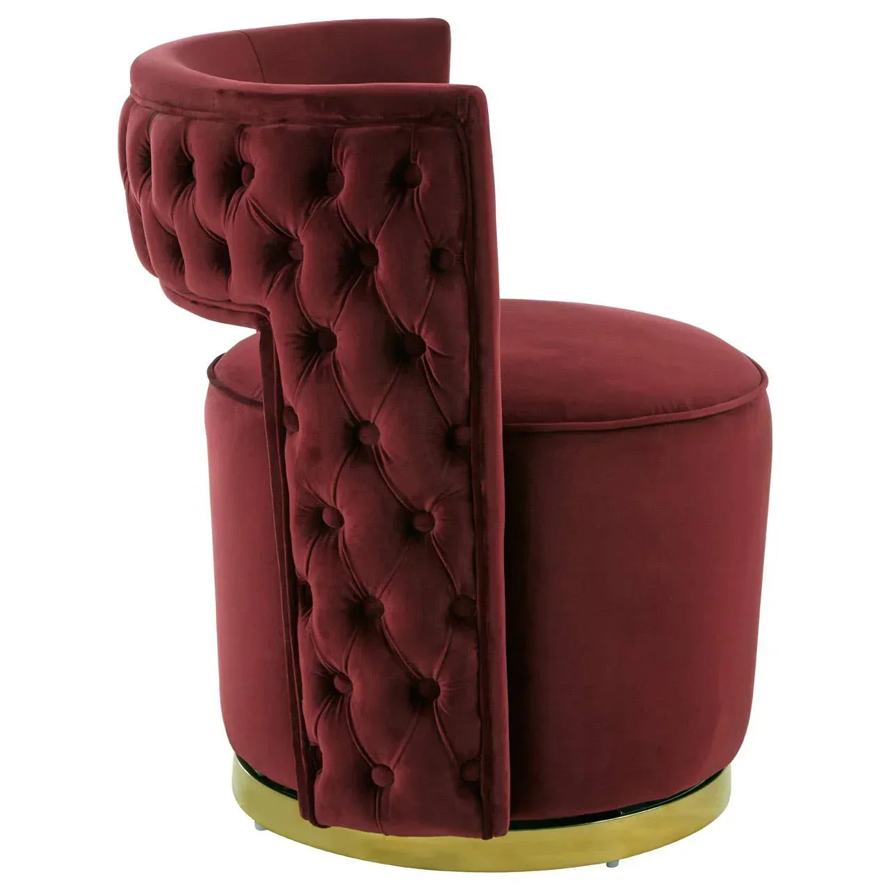 Burgundy velvet accent chair with tufted backrest and gold base, side angle view