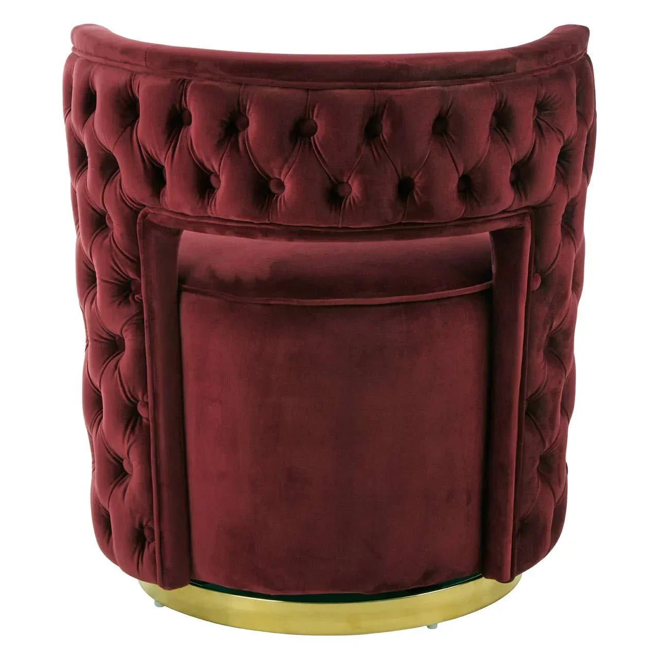 Tufted velvet accent chair in deep red with gold base, rear view