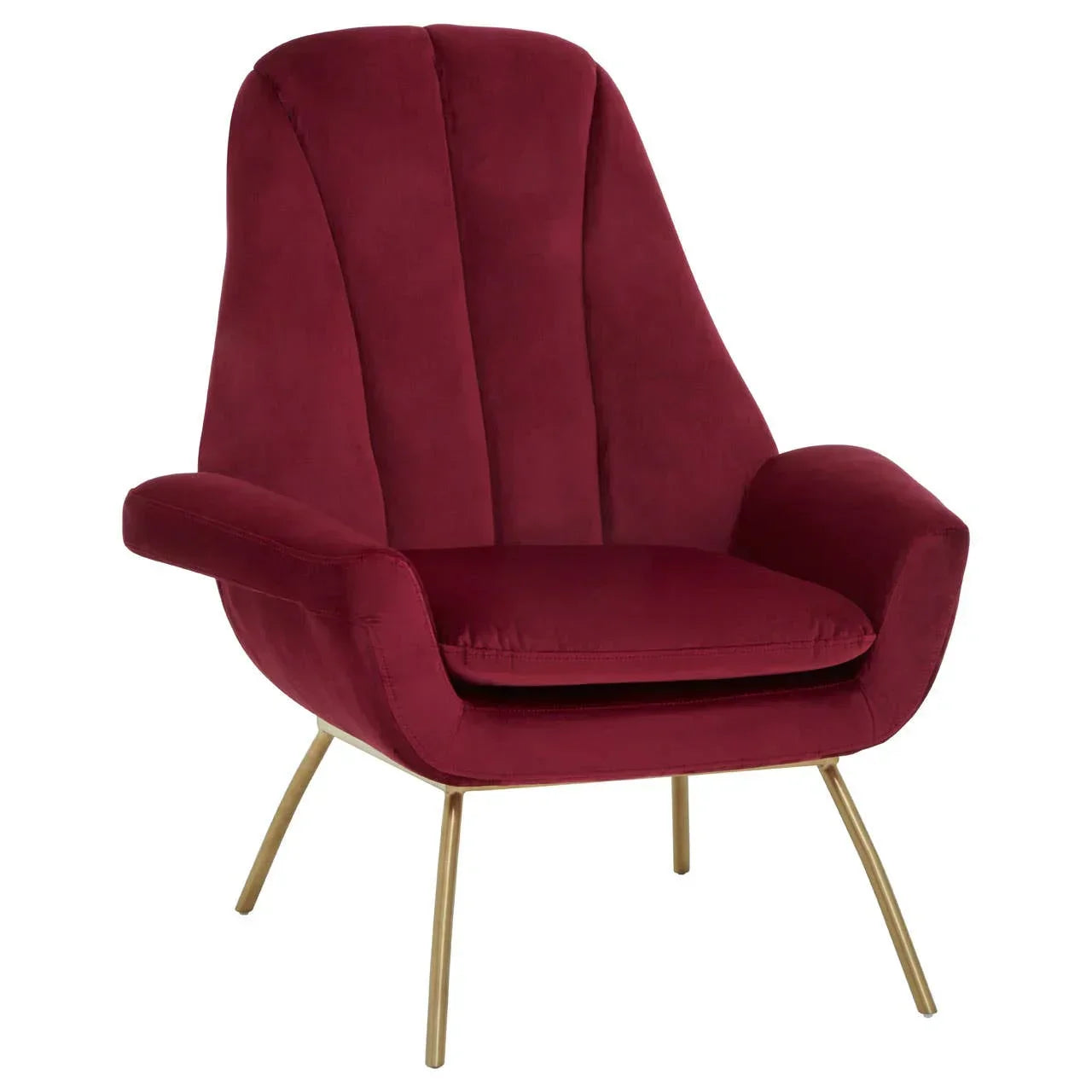 Burgundy velvet accent chair with gold metal legs and deep seat cushion