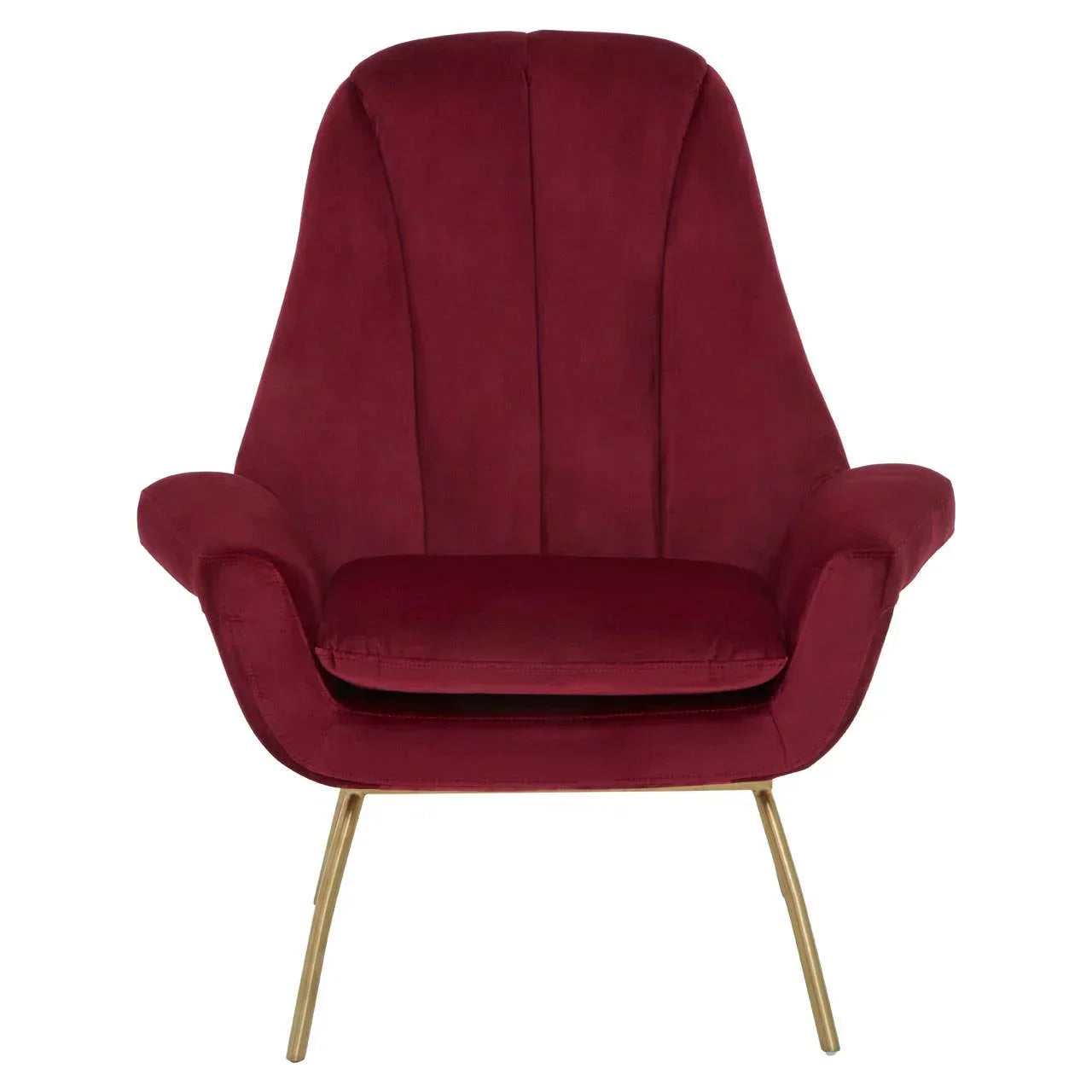 Burgundy velvet accent chair with gold legs and curved arms front view