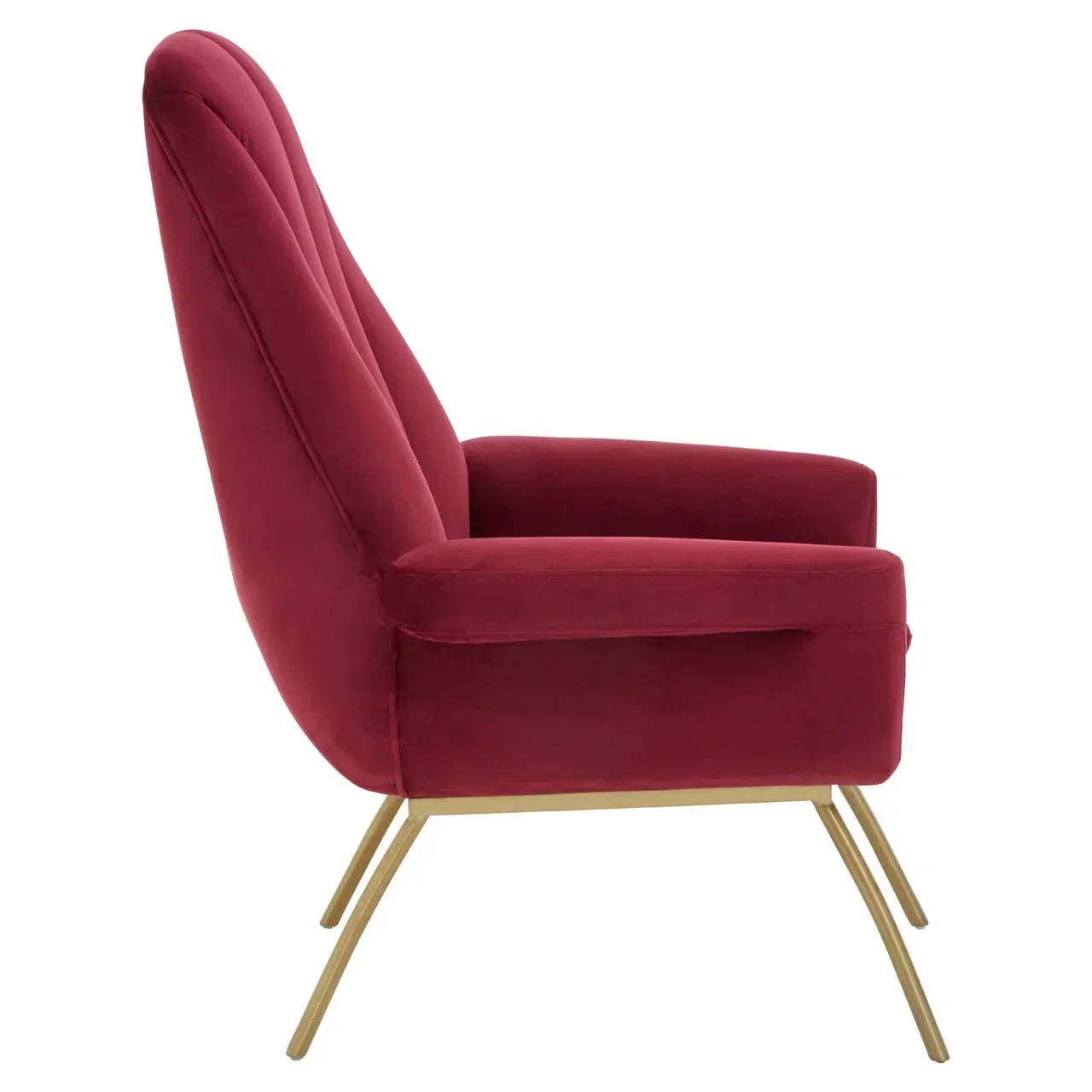 Velvet accent armchair in deep red with gold metal legs, side profile view
