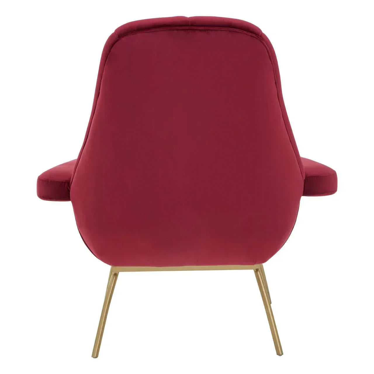 Red velvet accent chair with gold metal legs shown from the back