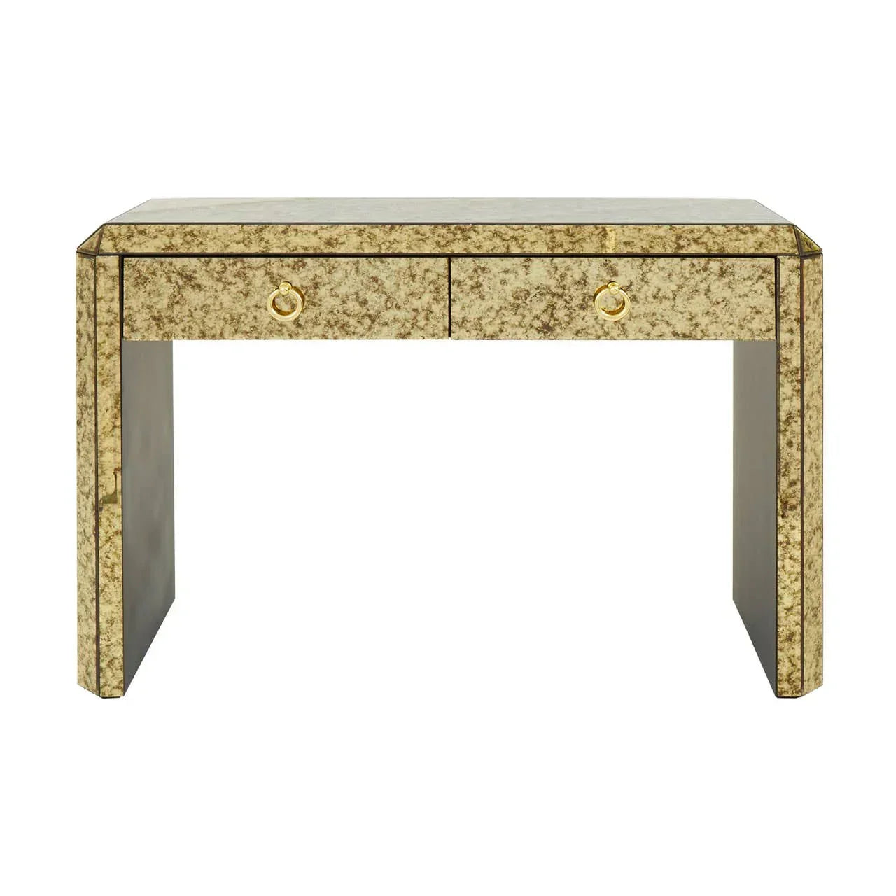 Antiqued mirrored console table with gold finish and two drawers, front view