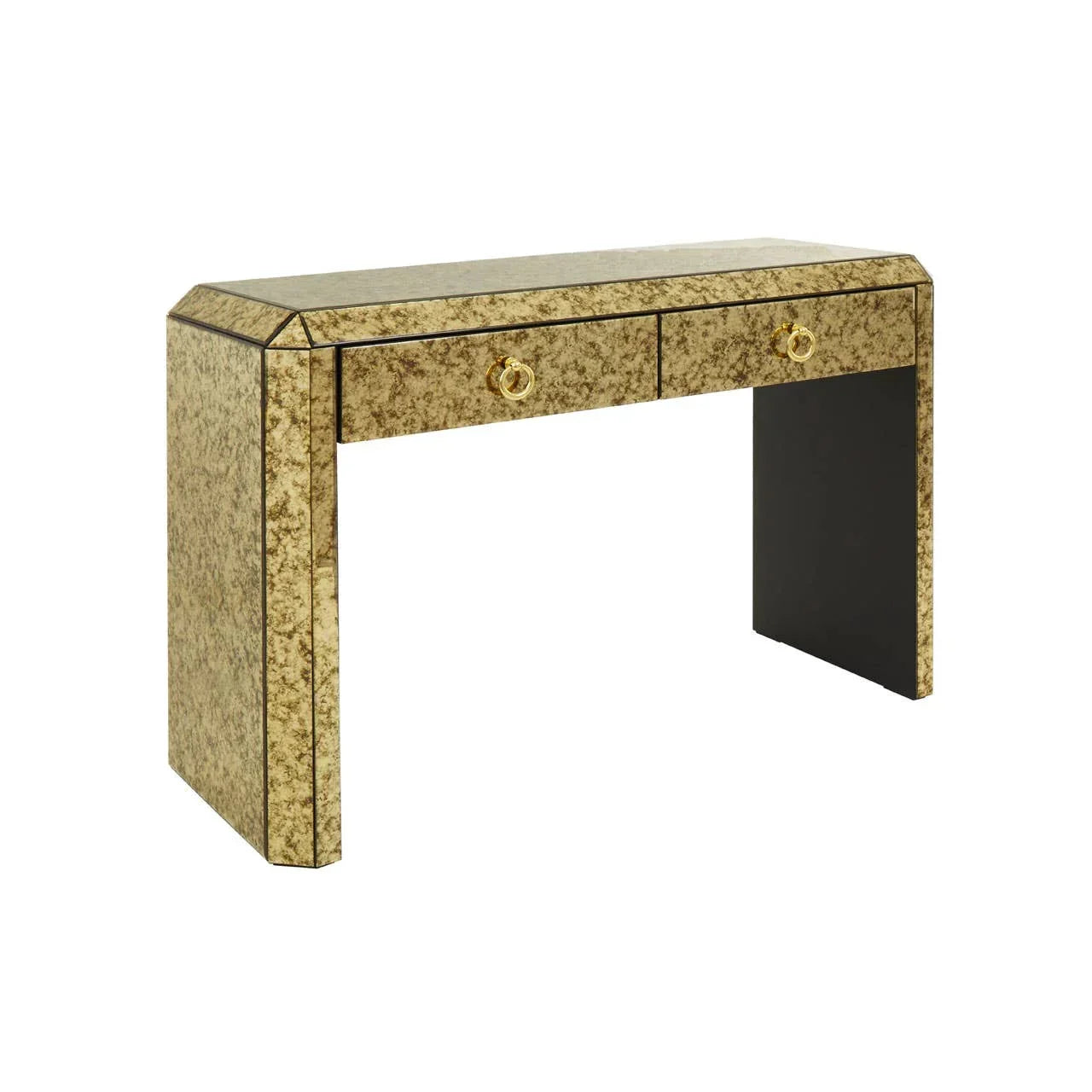 Gold mirrored console table with two drawers and ring handles on white background