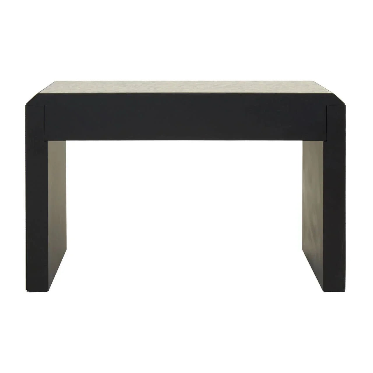 Black rectangular coffee table with solid legs and minimalist design
