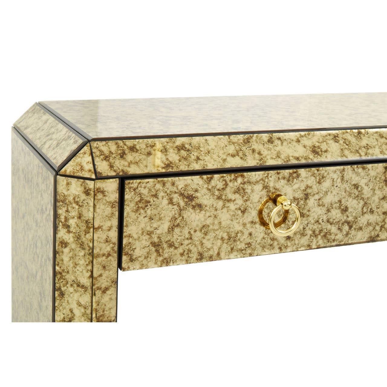 Antiqued mirrored console table with gold finish and single drawer brass ring handle