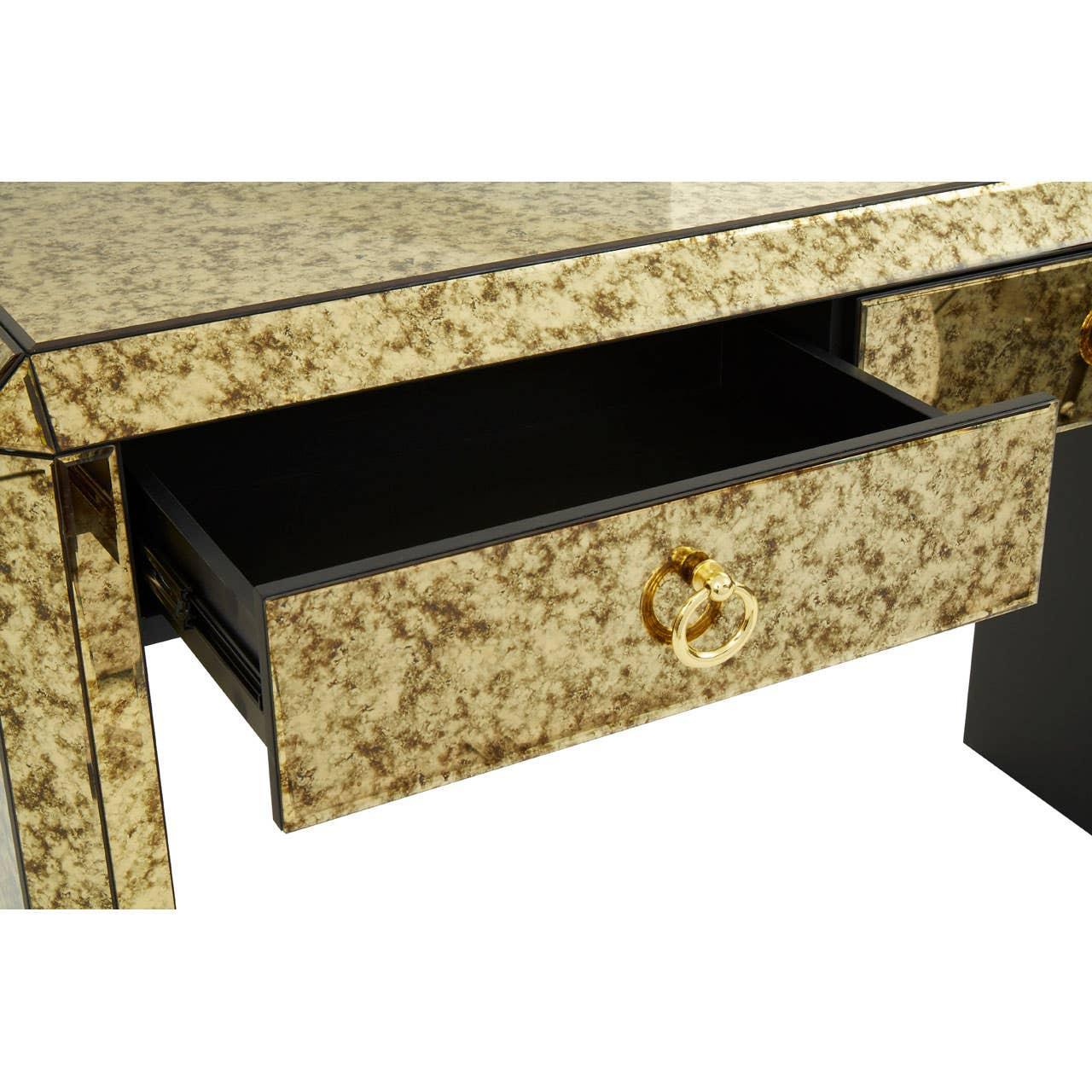 Gold mirrored console table with open drawer and brass ring handle