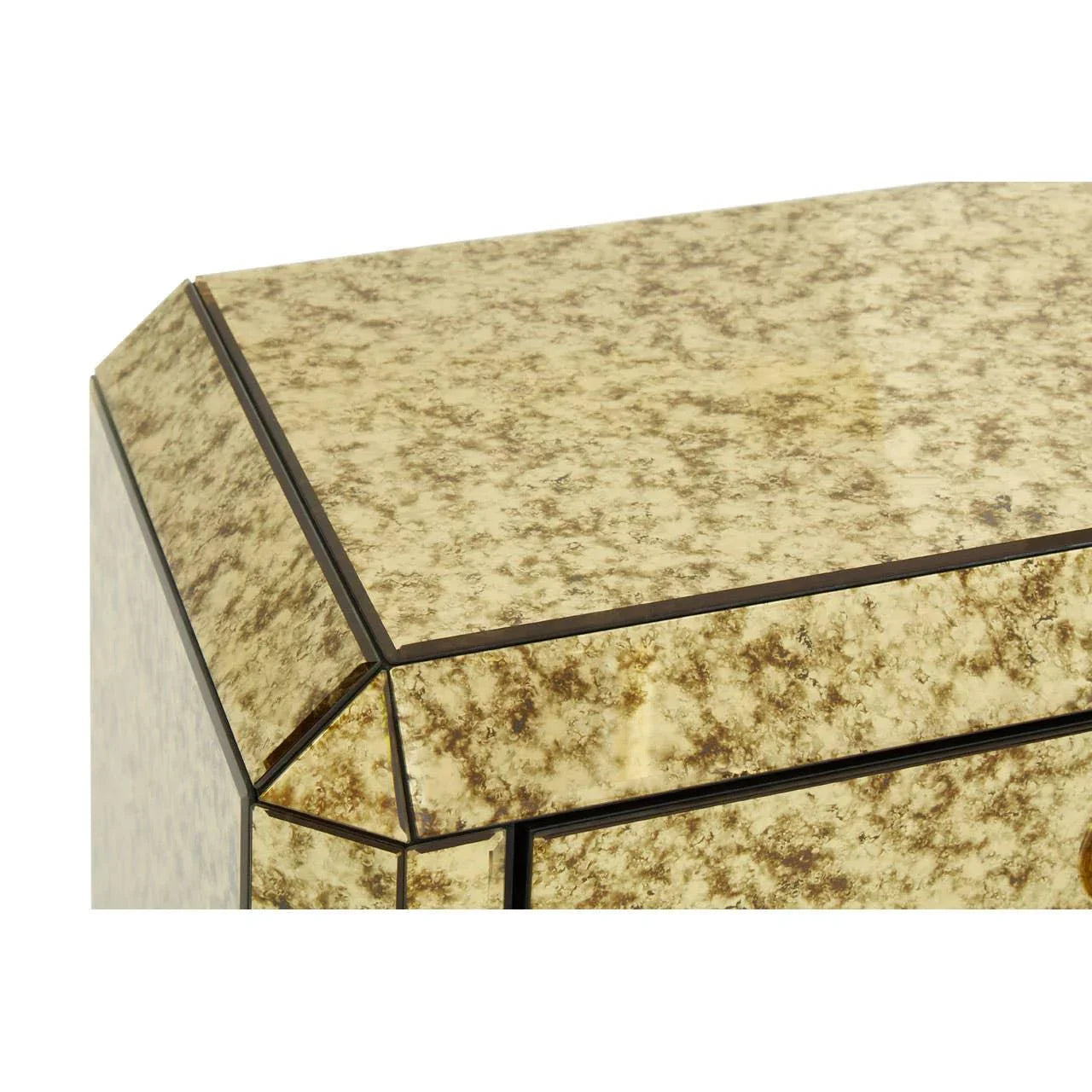 Antique mirrored furniture corner with beveled edges and gold speckled glass finish