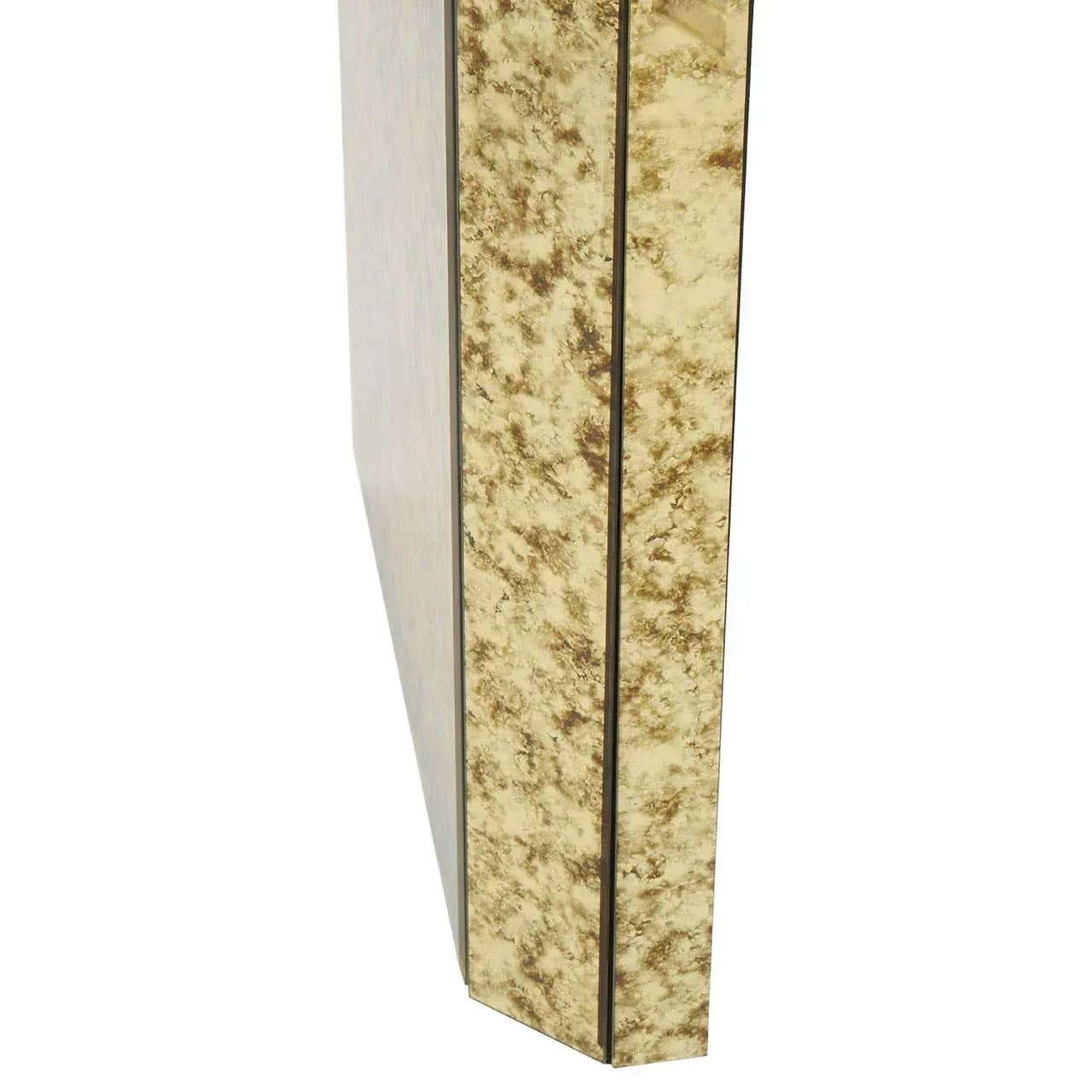 Angled view of mirrored furniture panel with antiqued gold finish