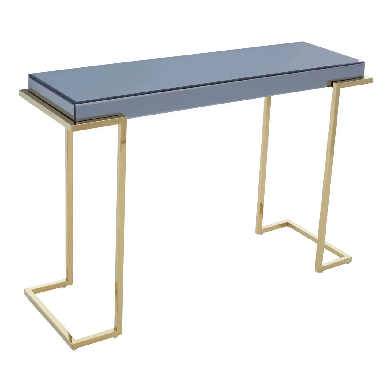 Modern console table with grey top and gold metal frame
