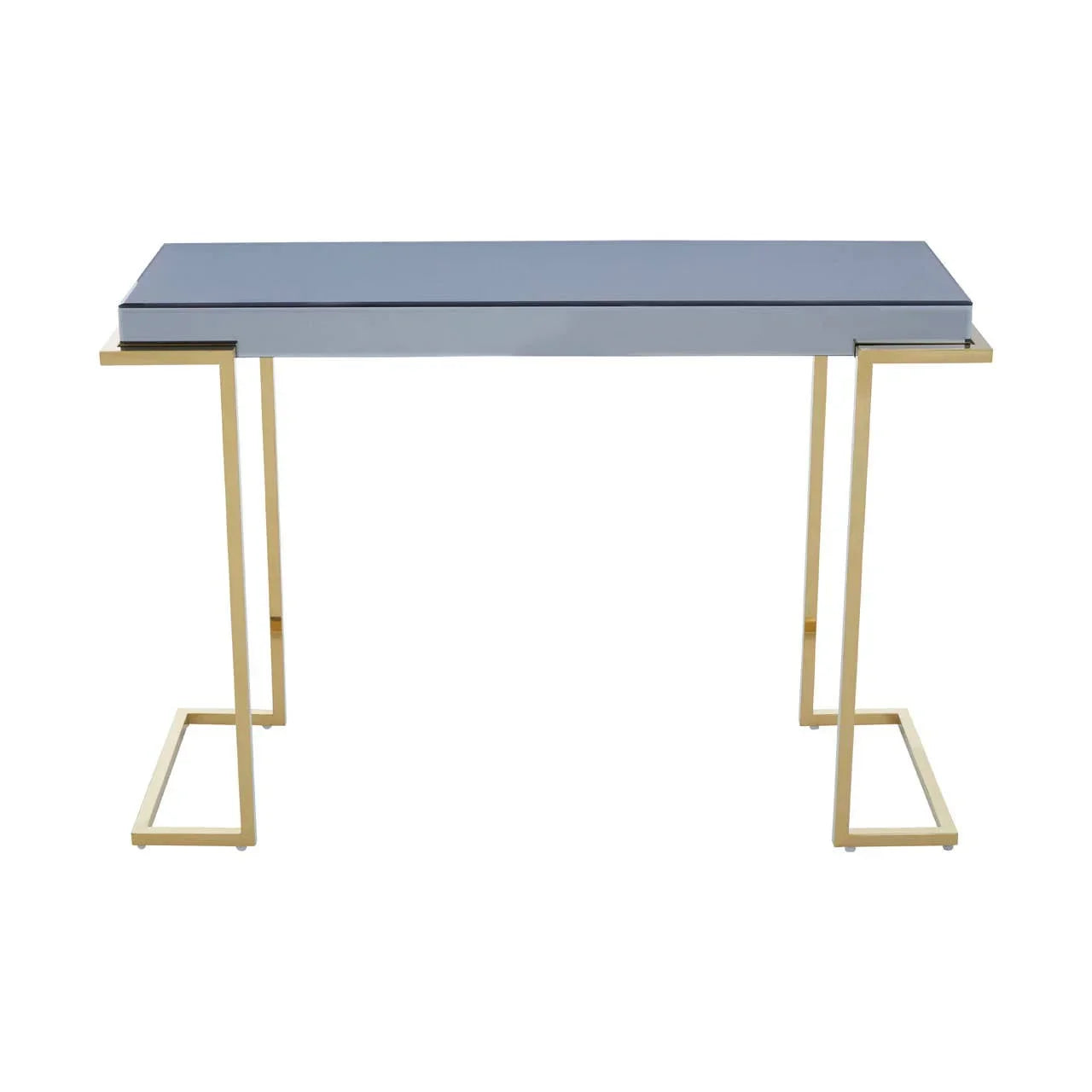 Modern console table with mirrored top and gold metal frame, front view