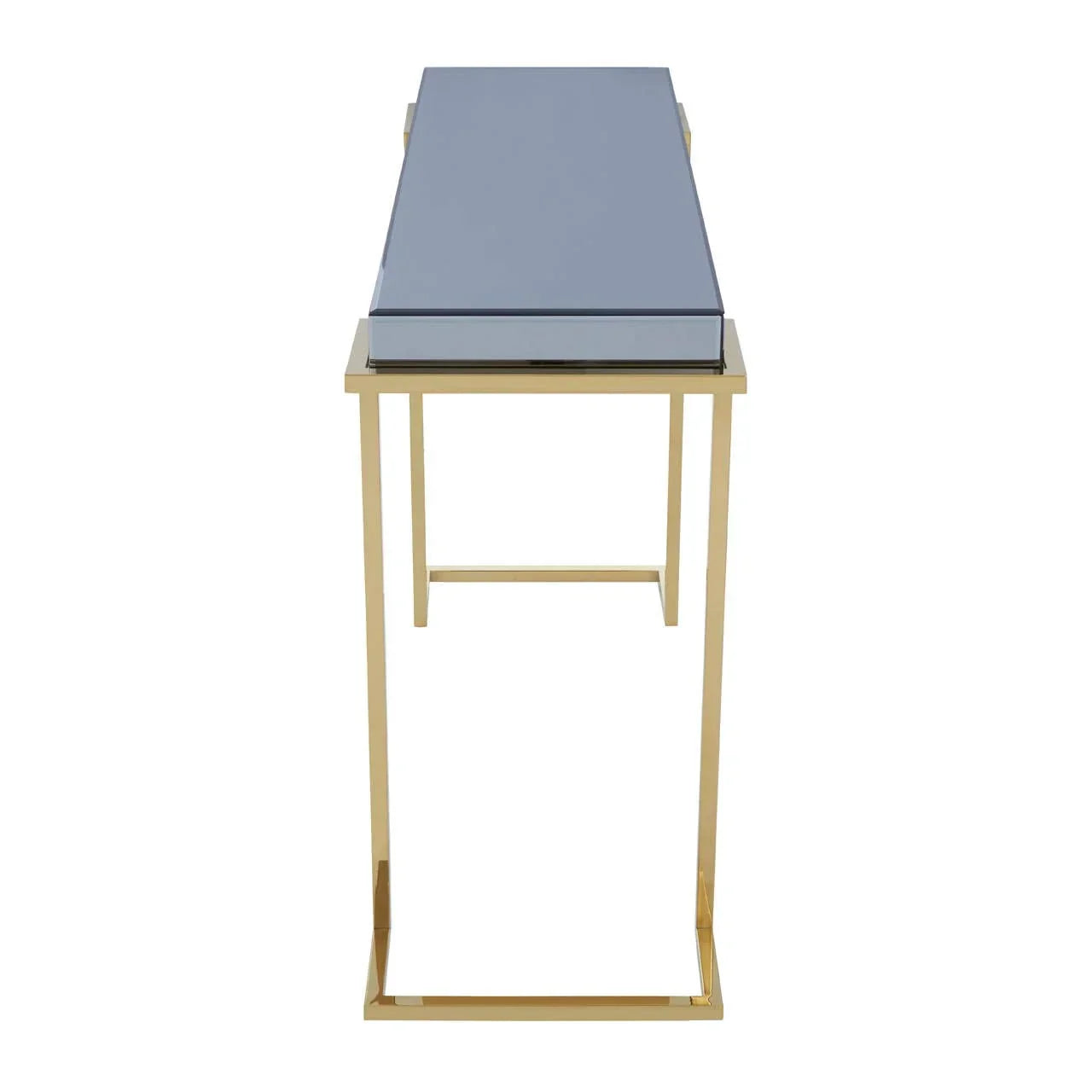 Gold metal console table with mirrored top, shown from the front view