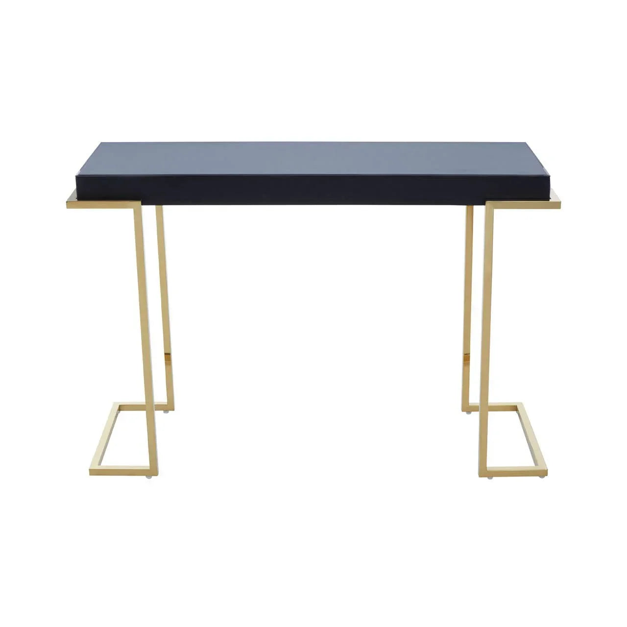 Navy console table with gold metal frame and rectangular top, modern hallway furniture