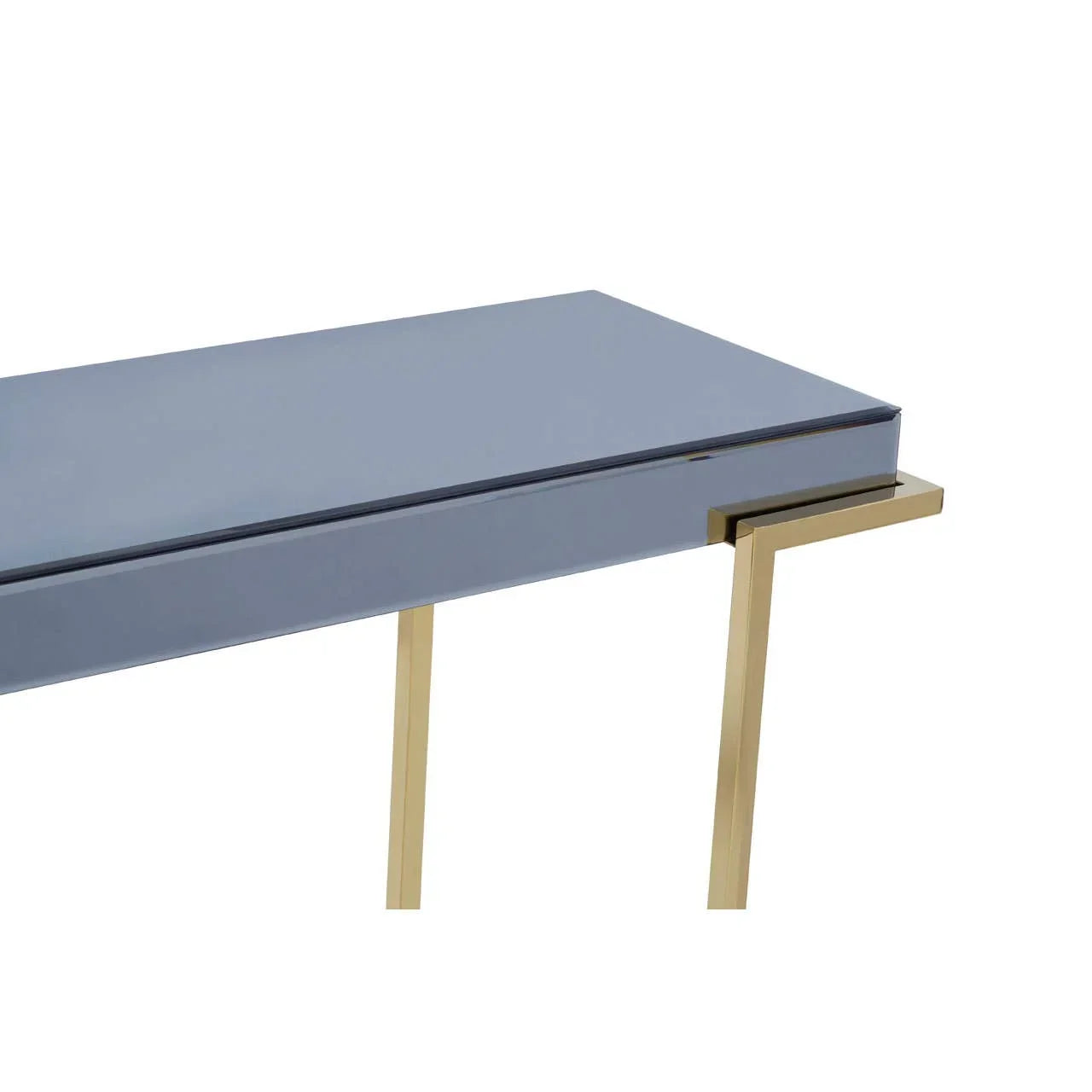 Modern glass console table with gold metal legs and sleek rectangular top