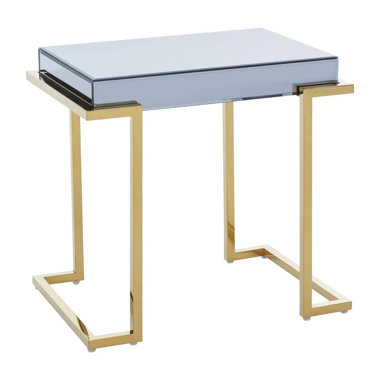 Mirrored side table with gold metal frame and rectangular top, modern furniture accent