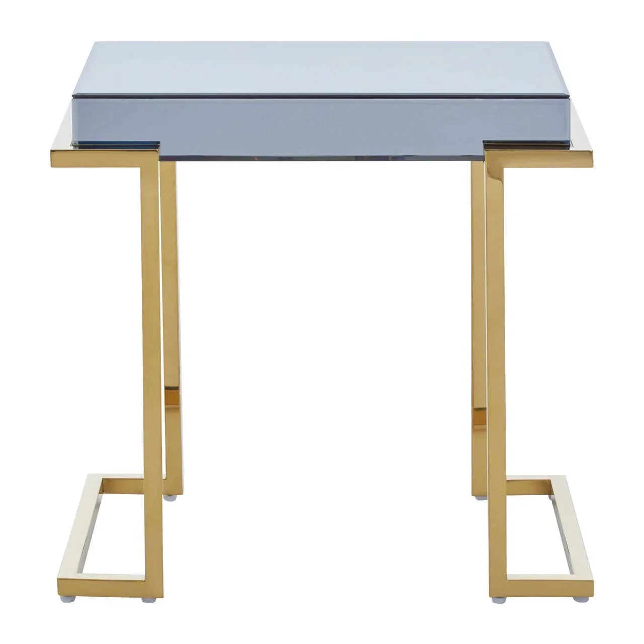 Modern side table with mirrored top and gold metal frame, front view