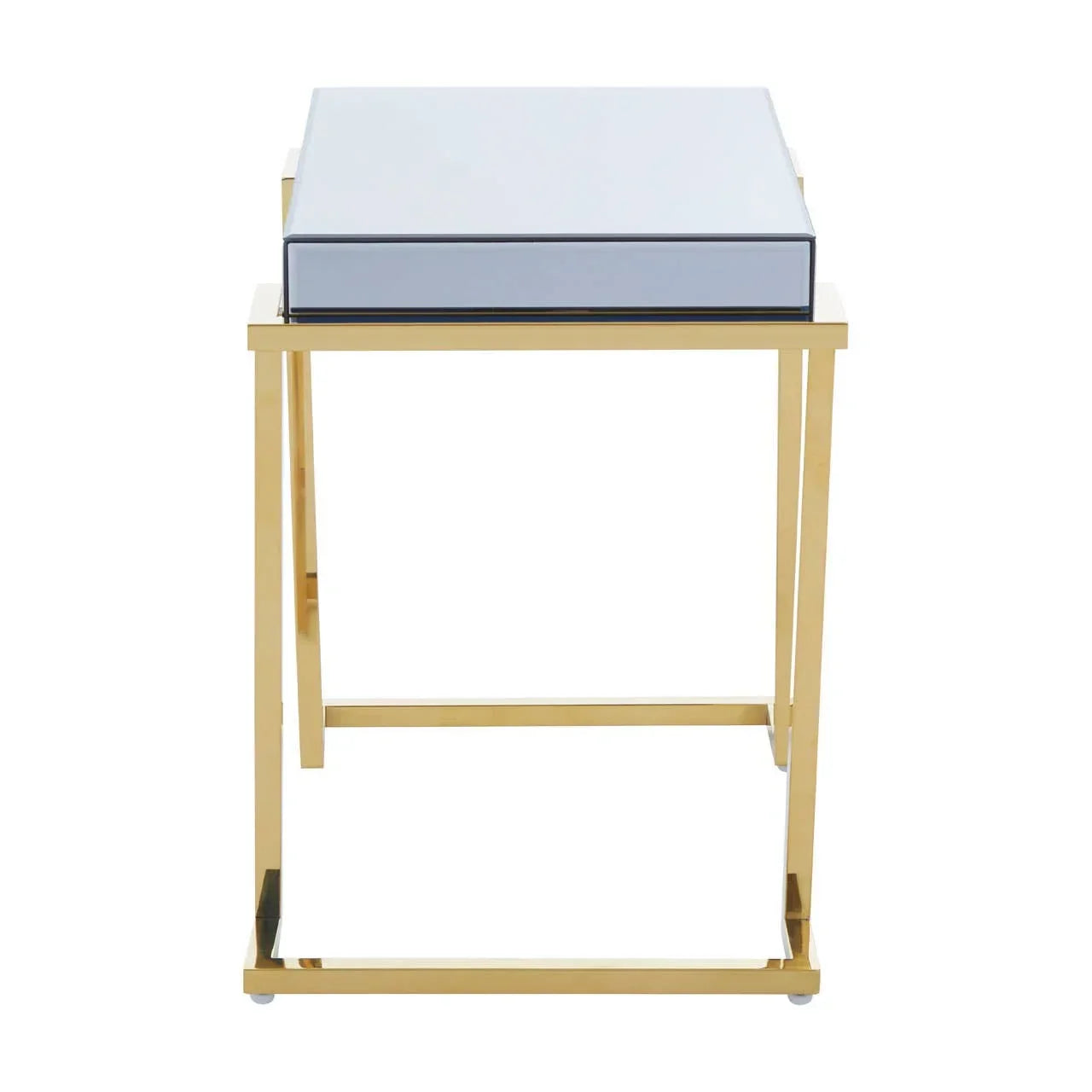 Mirrored side table with gold metal frame and glossy glass tabletop, front view