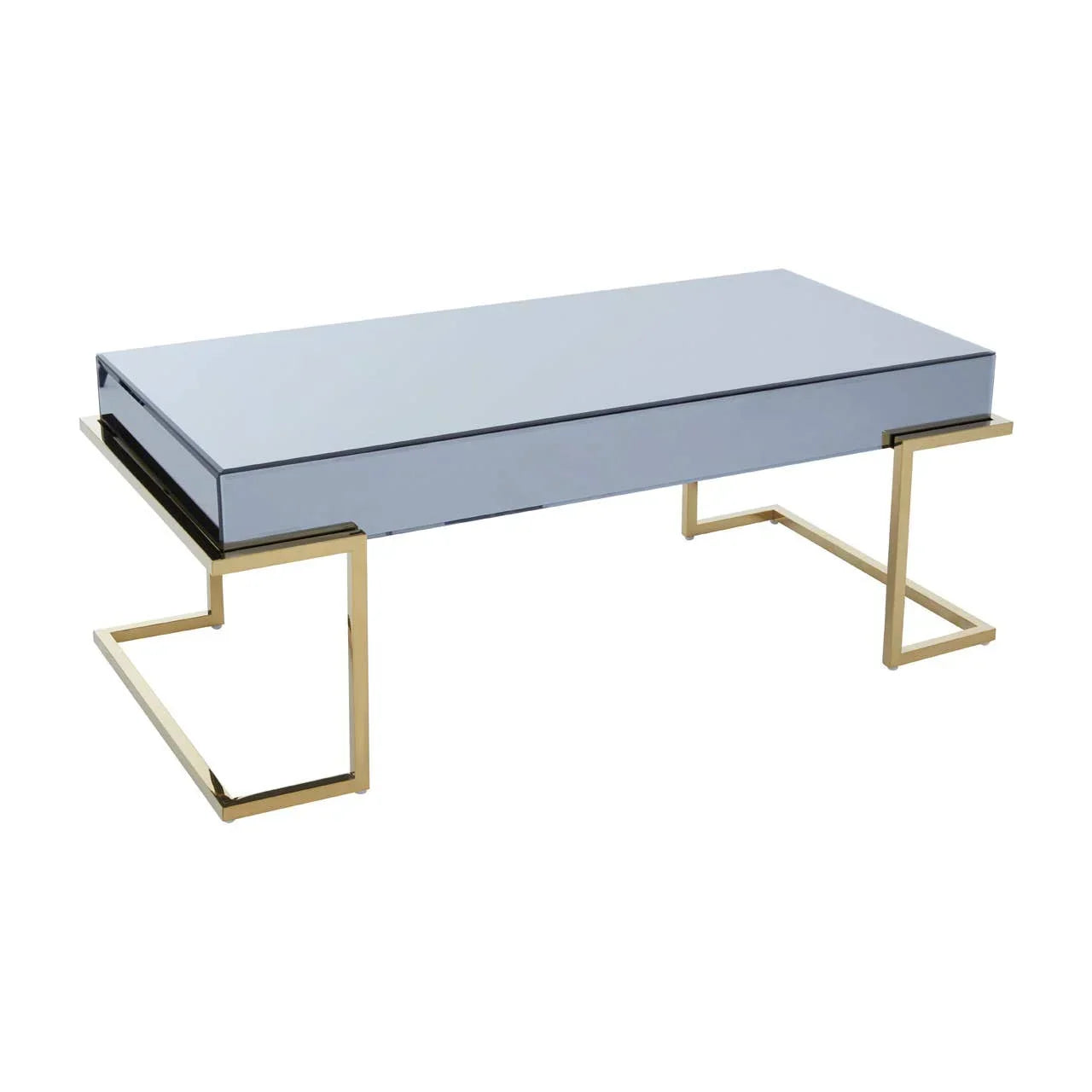 Rectangular mirrored coffee table with gold geometric metal legs on white background