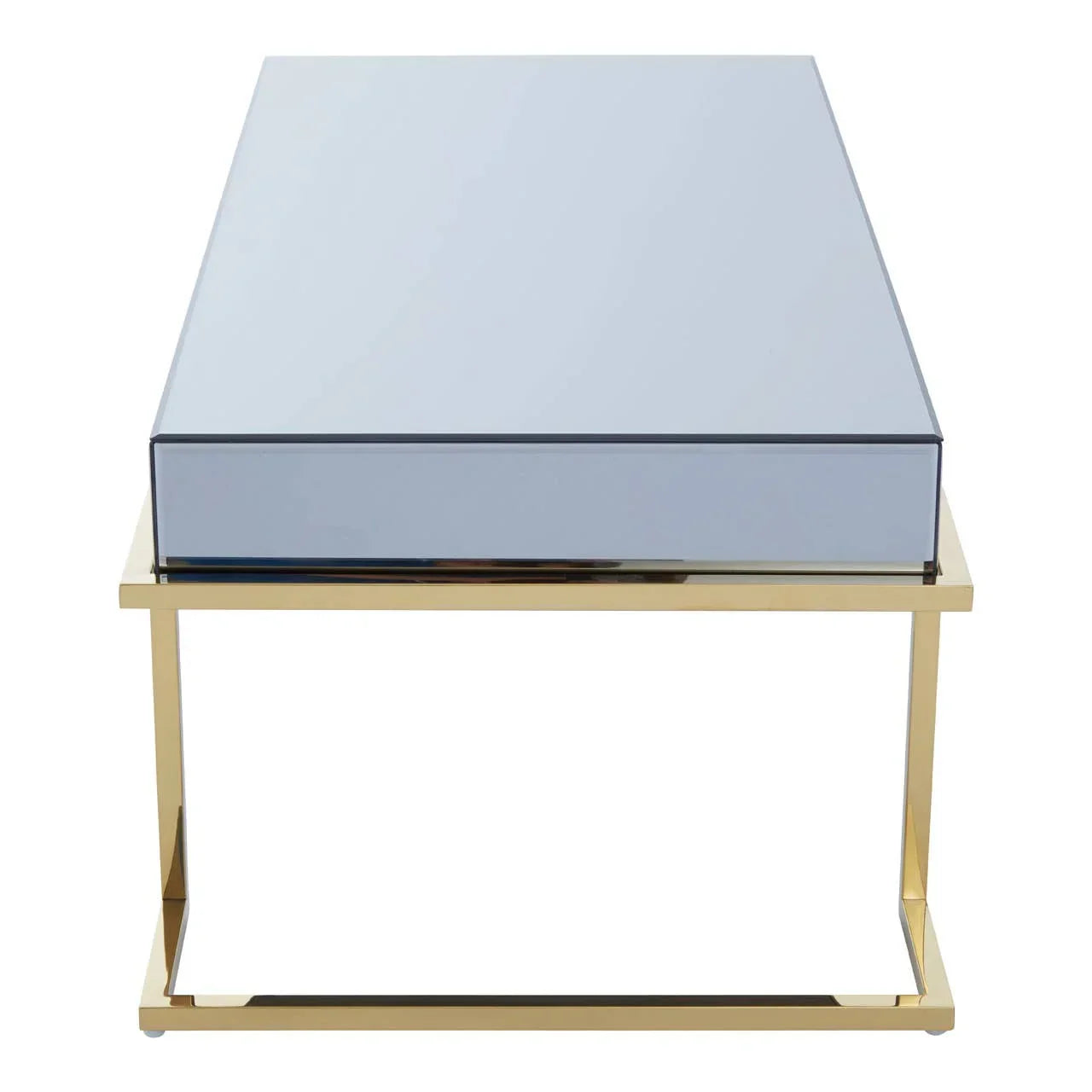 Rectangular mirrored coffee table with gold metal frame, front view