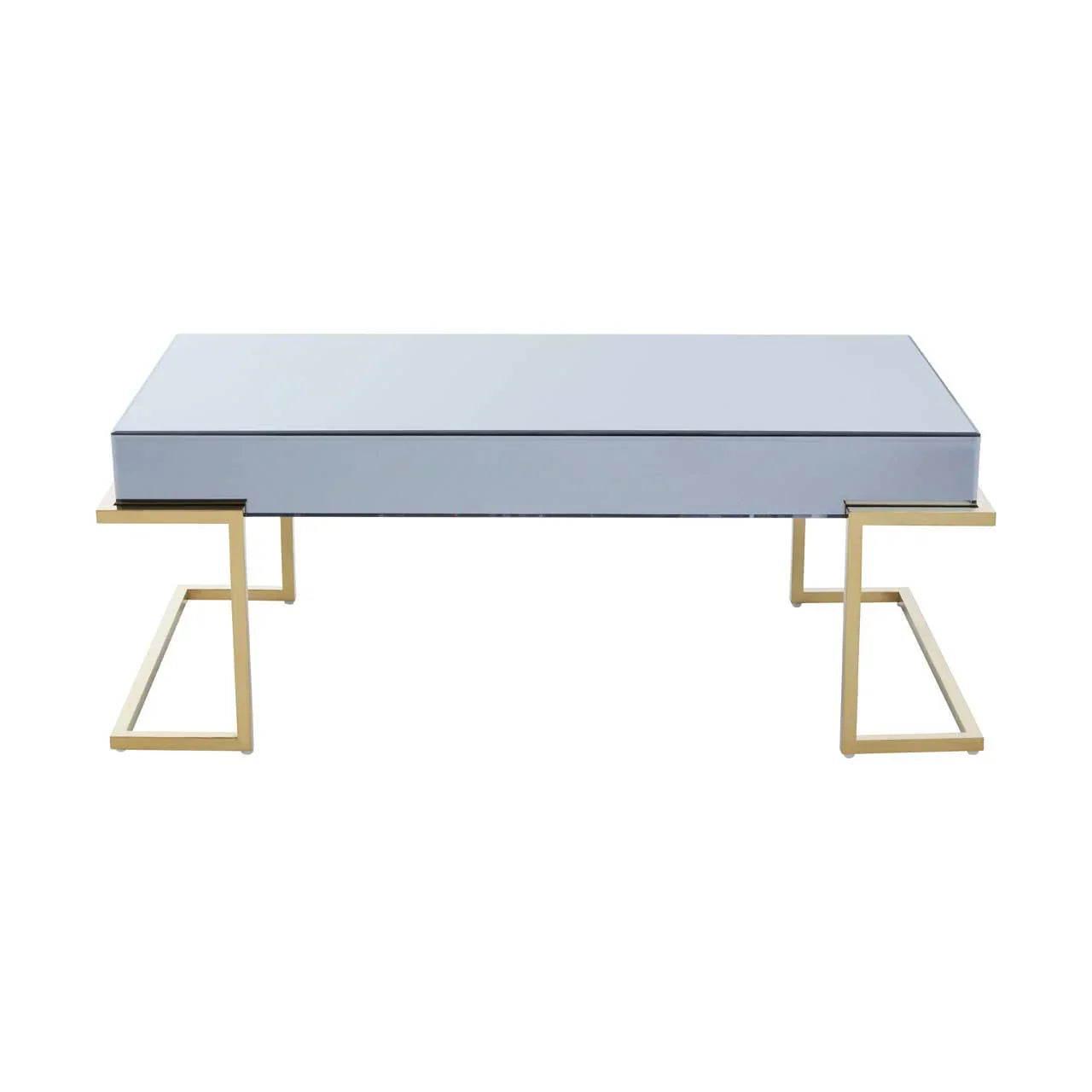 Modern coffee table with mirrored top and gold metal frame on white background