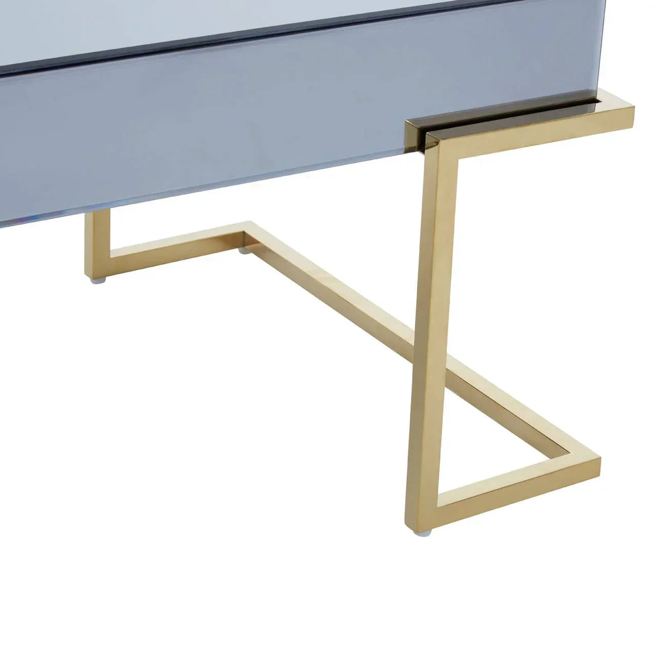 Mirrored console table with gold metal frame and geometric base detail