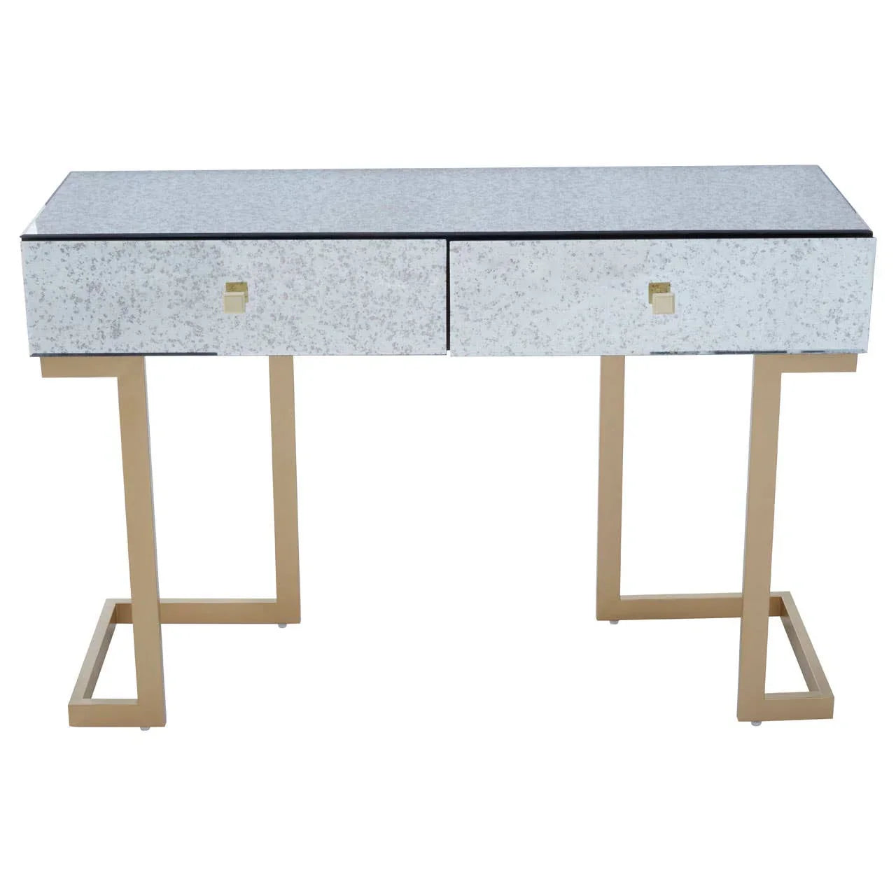 Mirrored console table with two drawers and gold metal legs, modern hallway furniture