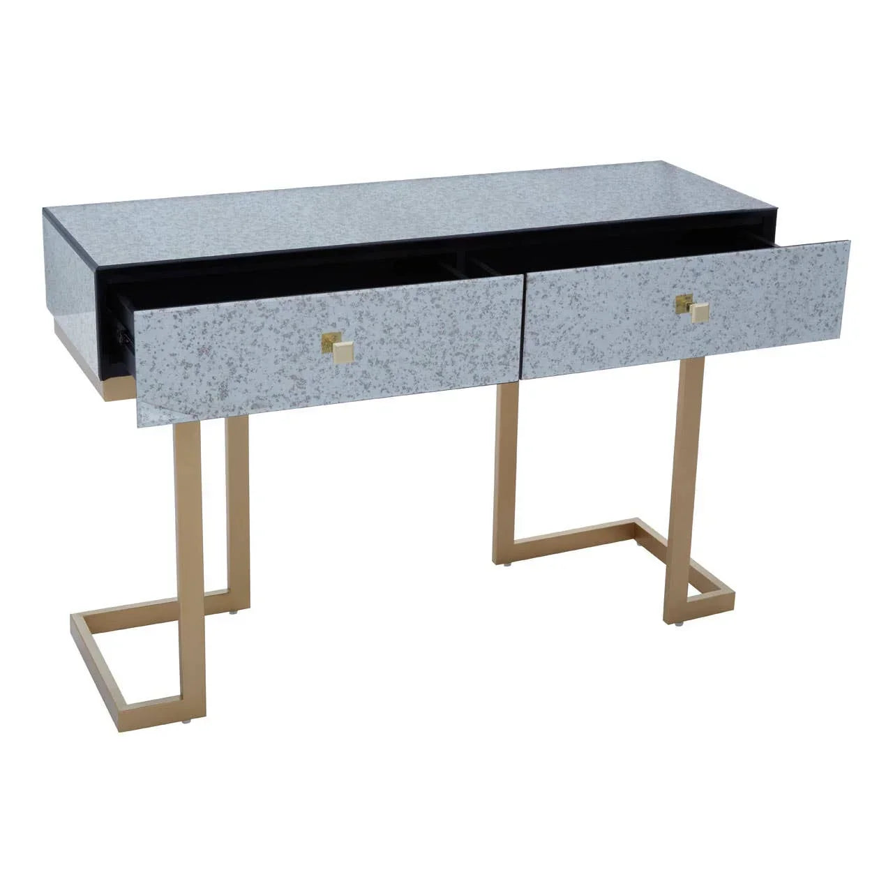 Mirrored console table with gold metal legs and two open drawers