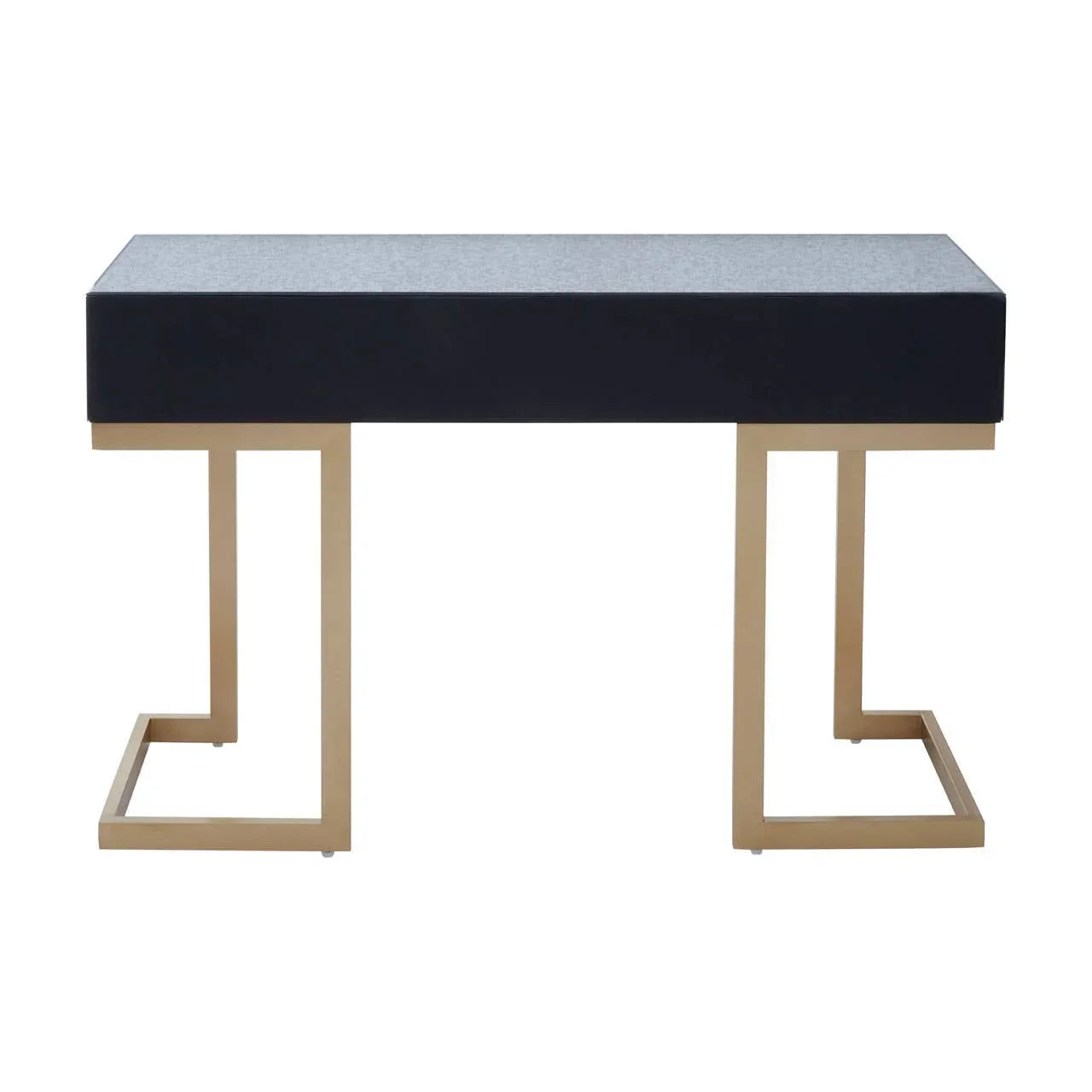 Modern console table with black top and gold metal legs, front view