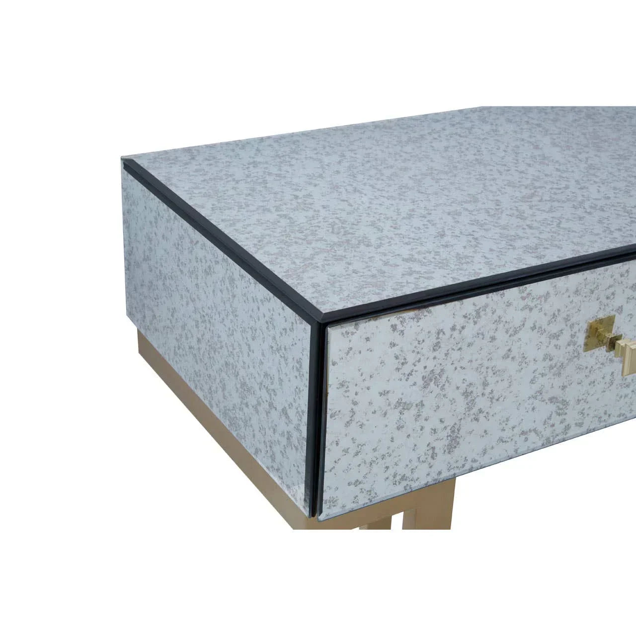 Mirrored side table with speckled glass finish and gold metal base, close-up of drawer