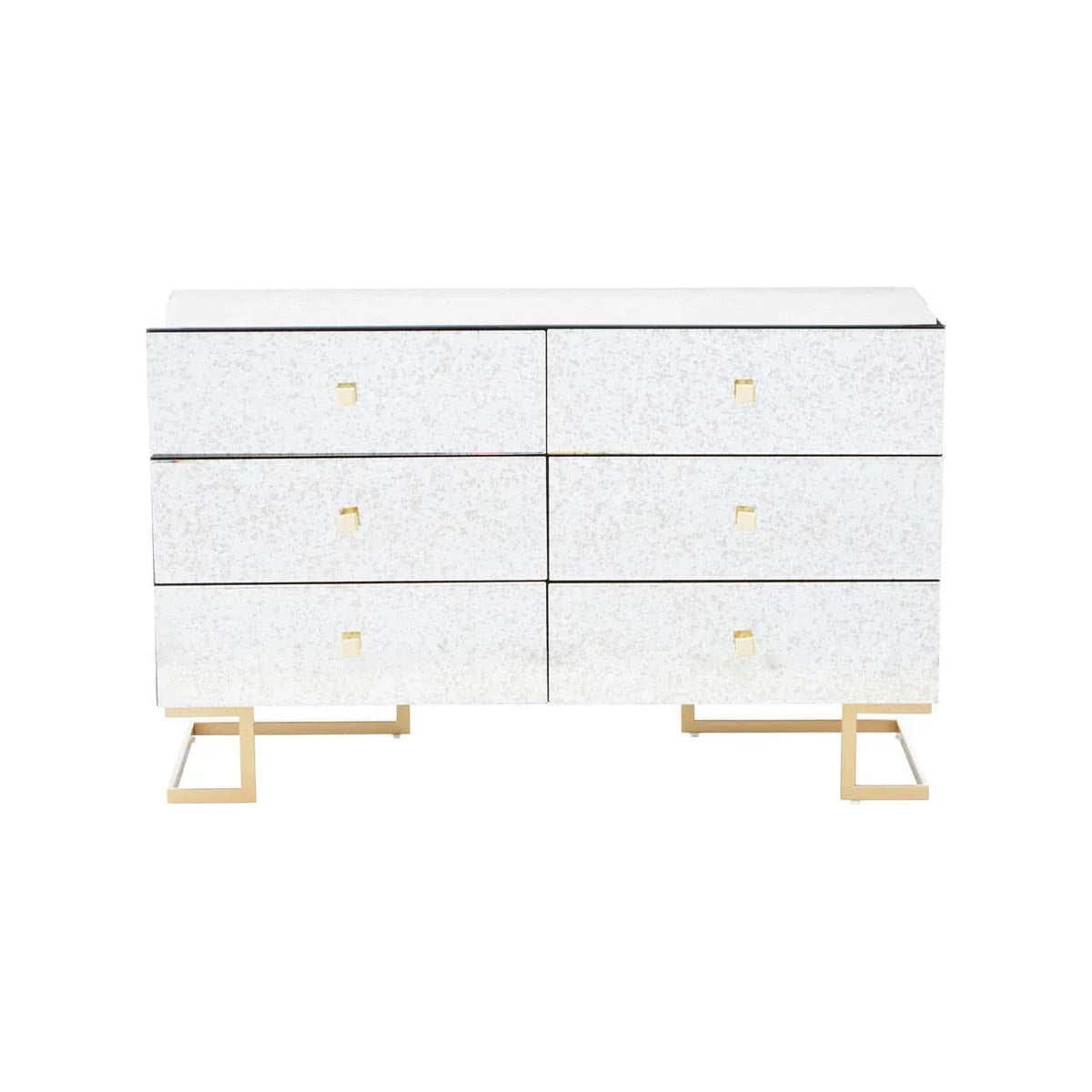 Mirrored chest of drawers with gold handles and legs on white background