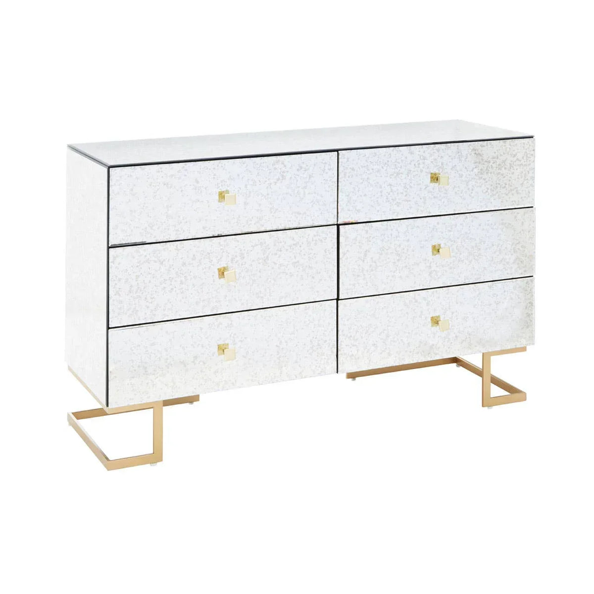 Mirrored chest of drawers with gold metal legs and six drawers, modern bedroom furniture