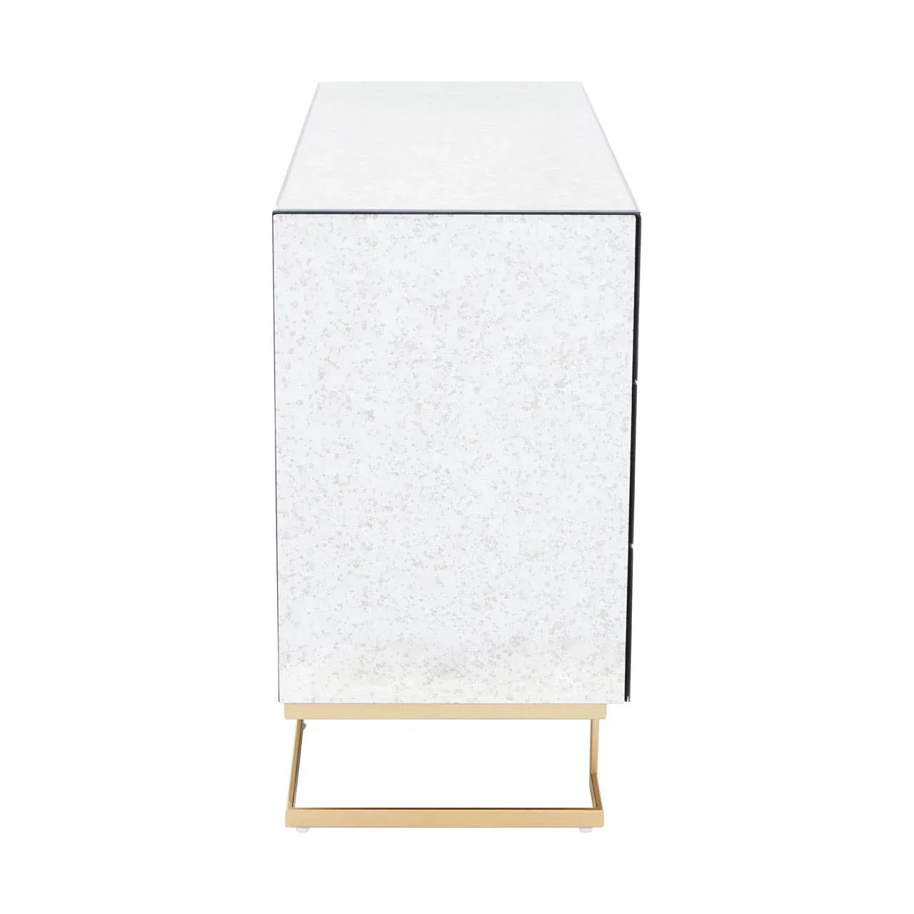 Side view of mirrored cabinet with gold metal base and speckled glass finish